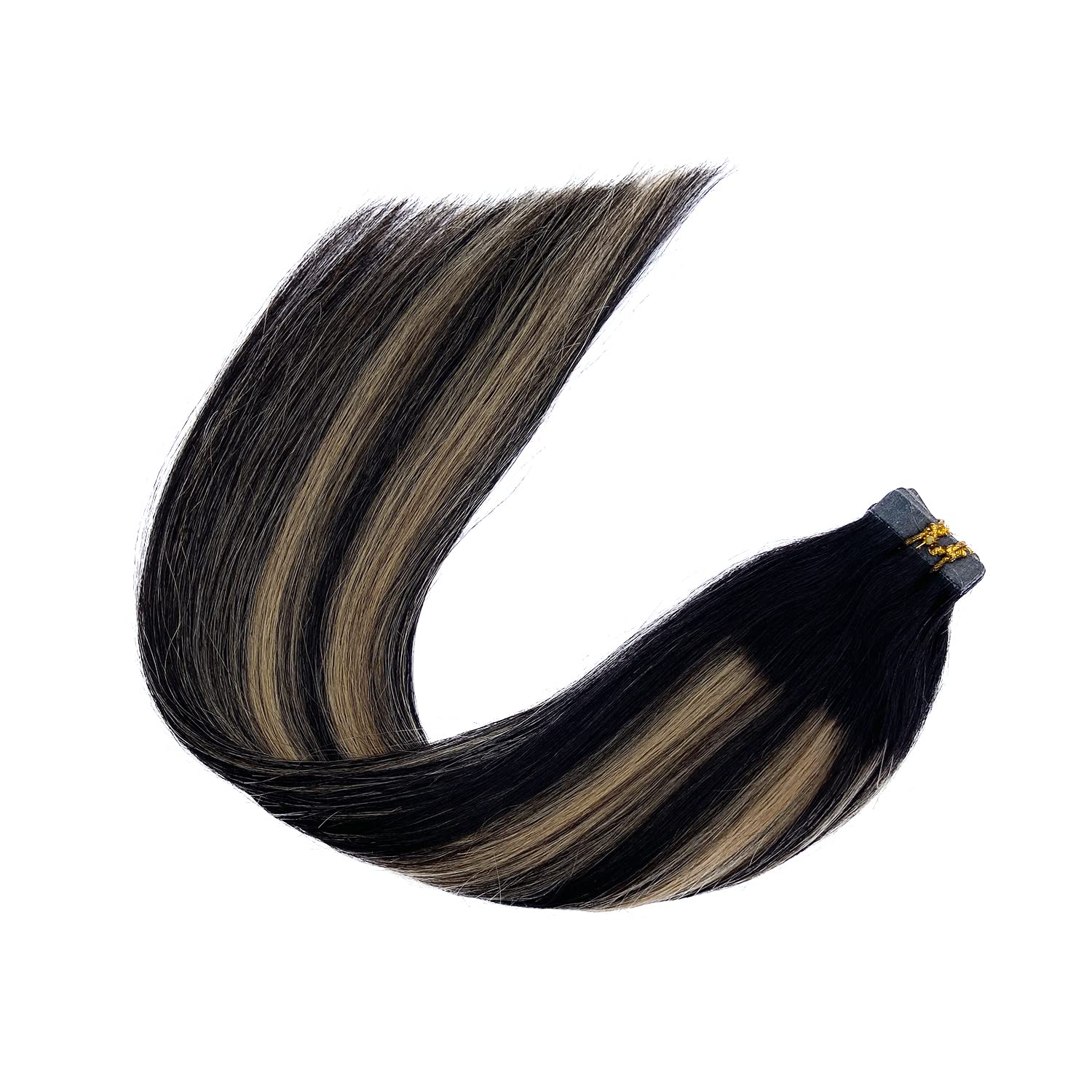20pcs Tape in Hair Extensions Human Hair - Double Sided Invisible Real Hair Extensions, Ombre Black to Caramel Blonde Highlights, Remy Hair 20 Inch 50G Skin Weft - Perfect for Parties, Weddings & Daily Styling