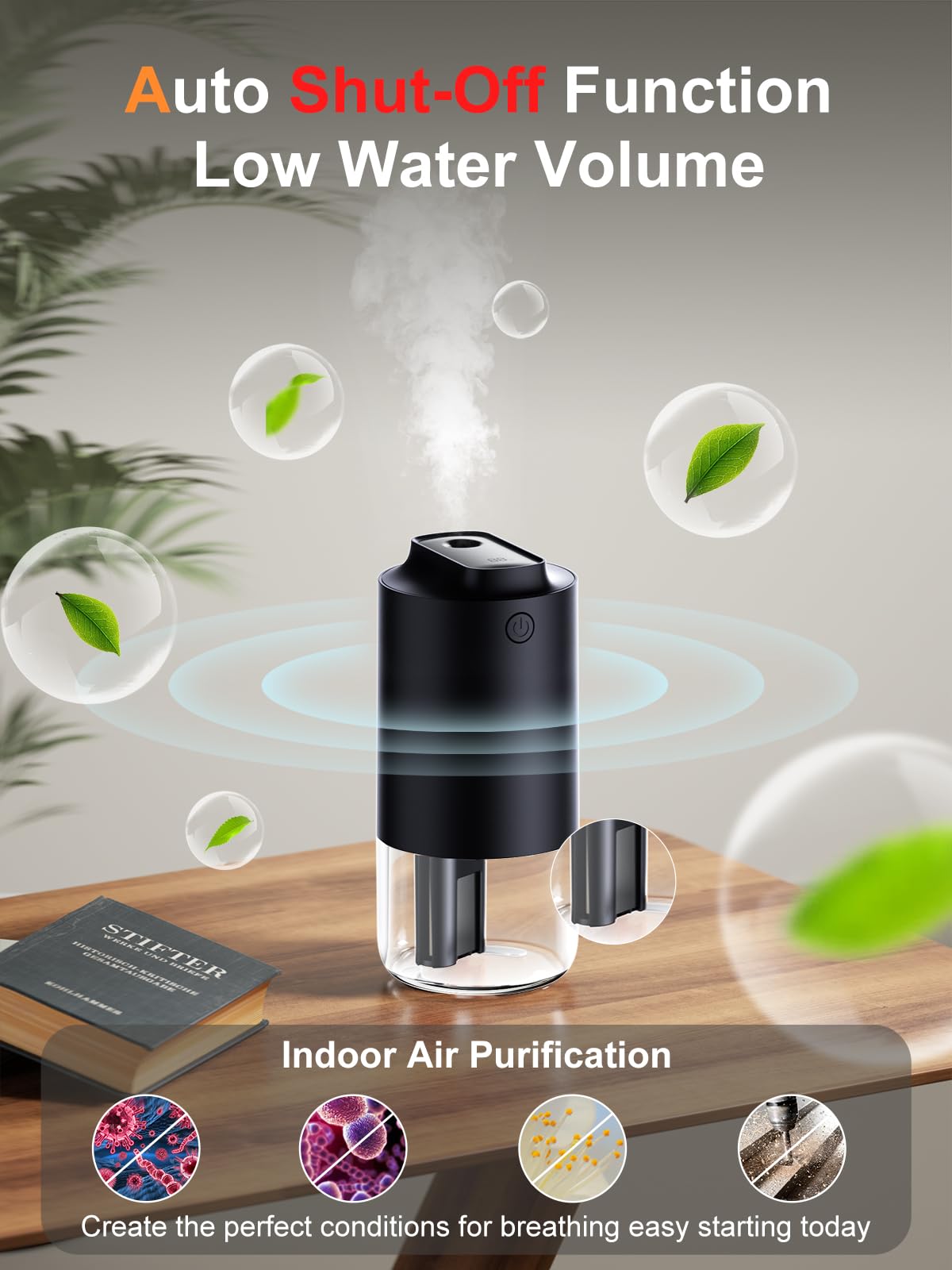 Guirock Portable Mini Humidifier - 250ml Small Cool Mist Humidifier with Auto-Purification & Auto On/Off - Built-in Battery & 2 Mist Modes - Perfect for Car, Baby Bedroom, Travel, Office & Desktop Use - Black