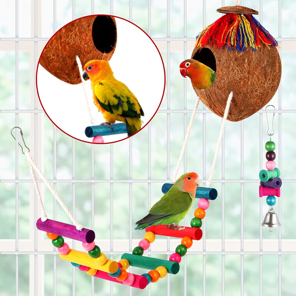 17 Pcs Bird Toys Set - Parakeet Swing, Chewing Hanging Toys & Climbing Ladder for Cockatiels, Conures, Finches, Budgies - Perfect for Bird Cage Enrichment and Playtime Activities