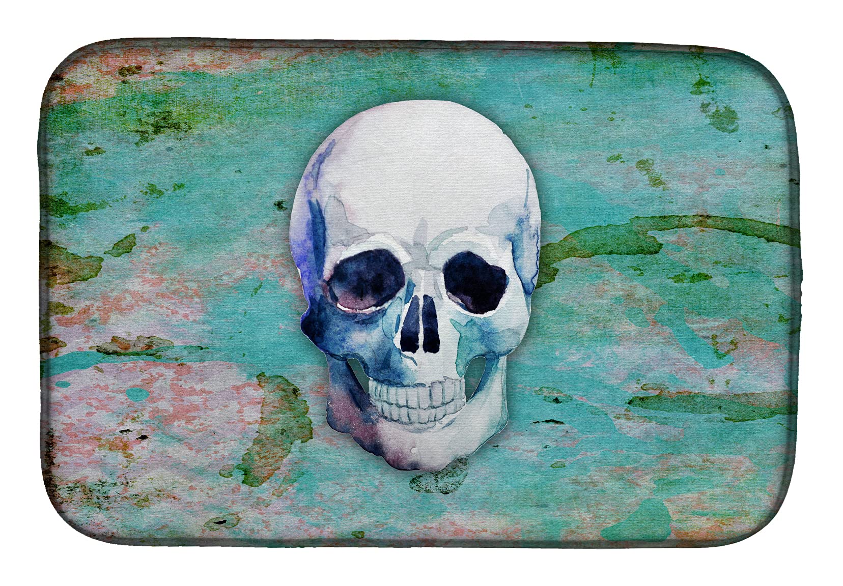 Day of the Dead Teal Skull Dish Drying Mat - Absorbent Kitchen Counter Mat Pad 14x21 Inch - Colorful Dish Drainer for Countertops - Perfect for Mexican Theme Kitchens & Halloween Decor