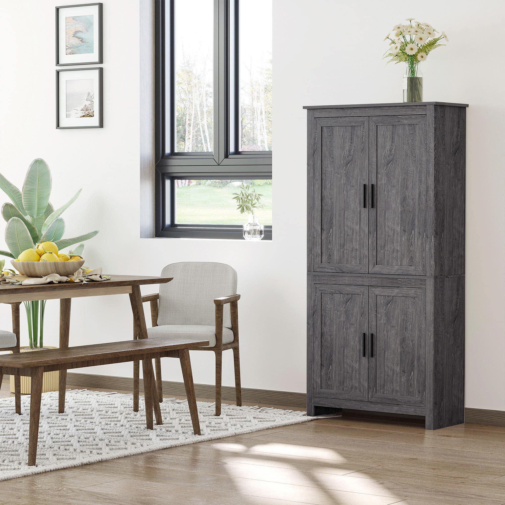 HOMCOM 64 Inch Kitchen Pantry Cabinet with 4 Doors & 3 Adjustable Shelves - Freestanding Storage Organizer for Dining Room, Kitchen, Pantry - Modern Gray Cabinet for Home Organization & Space Saving