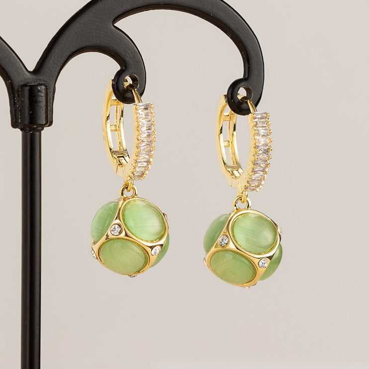 Vintage Cat Eye Stone Ball Hoop Earrings for Women - Elegant Gold/Silver Dangle Earrings | Perfect for Parties, Weddings & Everyday Wear | A7573