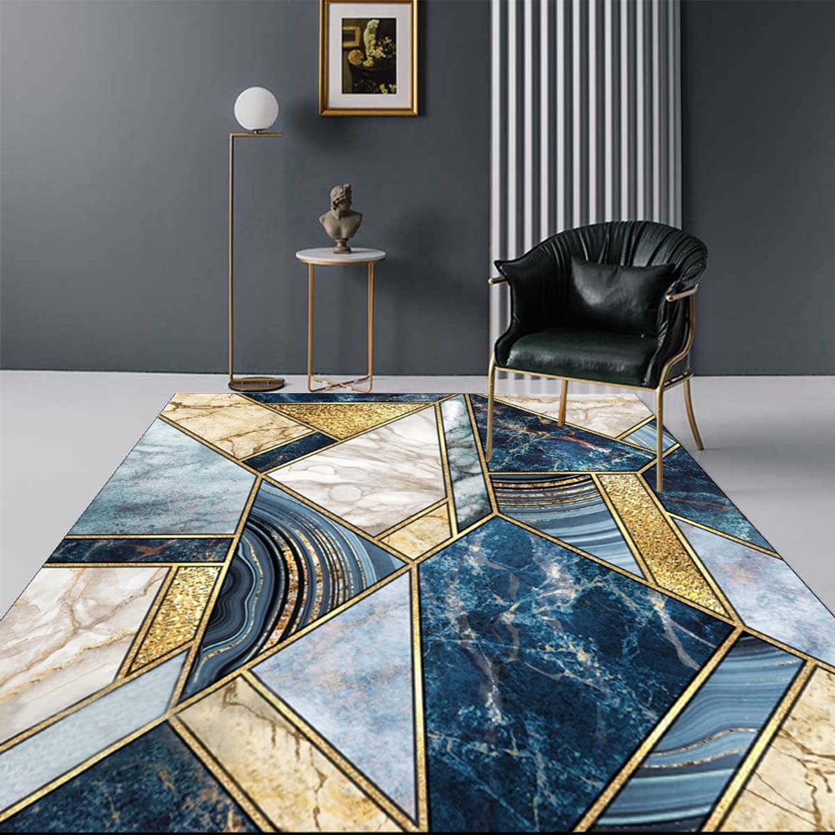 Gold Blue Marble Abstract Modern Area Rug 2x6 - Aesthetic Geometric Non-Shedding Carpet for Living Room, Dining Room, Bedroom - Soft Thick Washable Floor Rug for Home Office, Playroom & Laundry Runner - Retro Style Home Decor