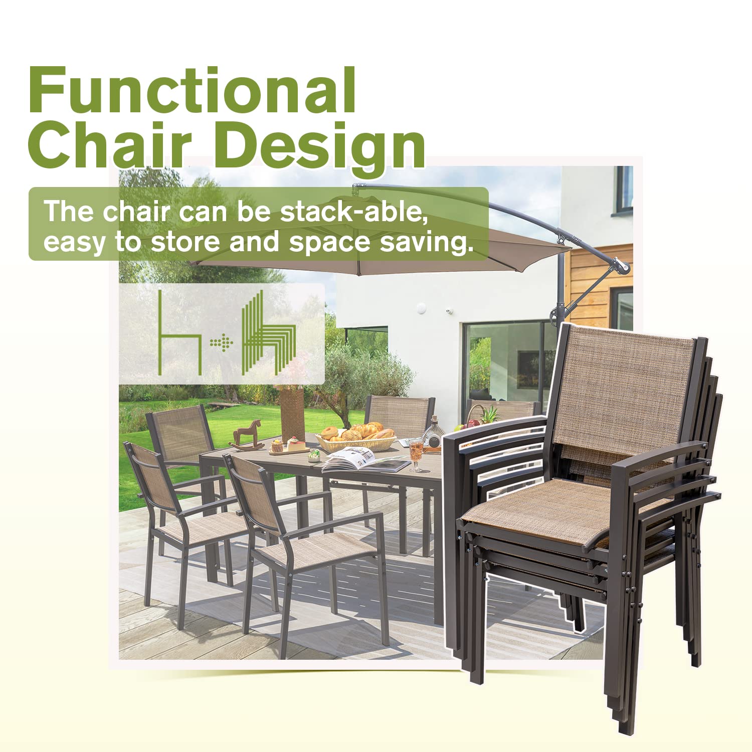 Homall 7-Piece Outdoor Patio Dining Set with 6 Stackable Textilene Chairs & Large Table - Beige Garden Furniture for Yard, Porch, Poolside & Backyard Entertaining