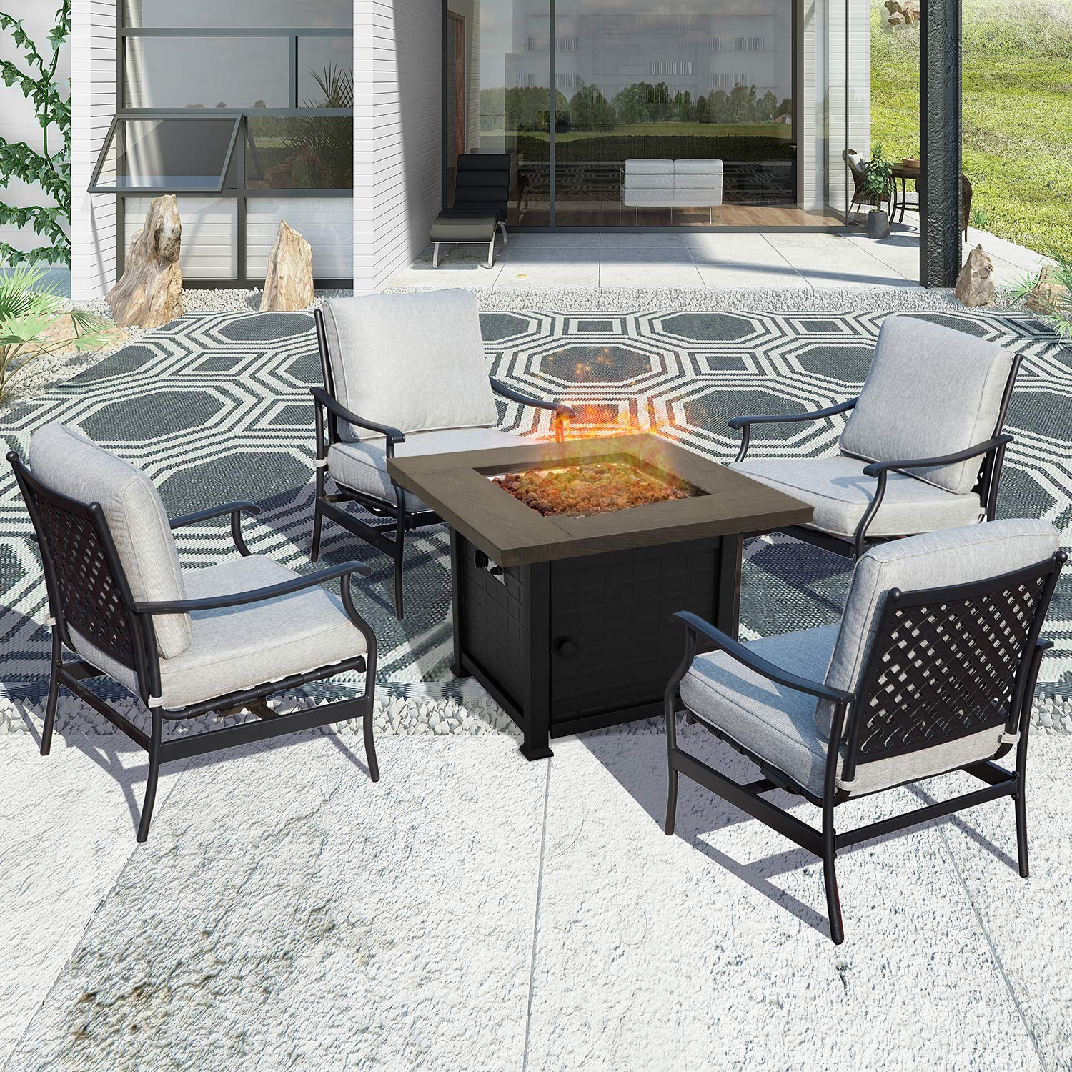 Outdoor Patio Conversation Set with 50,000 BTU Propane Fire Pit Table & Rocking Chairs (5-Piece, Gray) - CSA Certified Durable Furniture for Backyard, Garden & Deck Relaxation