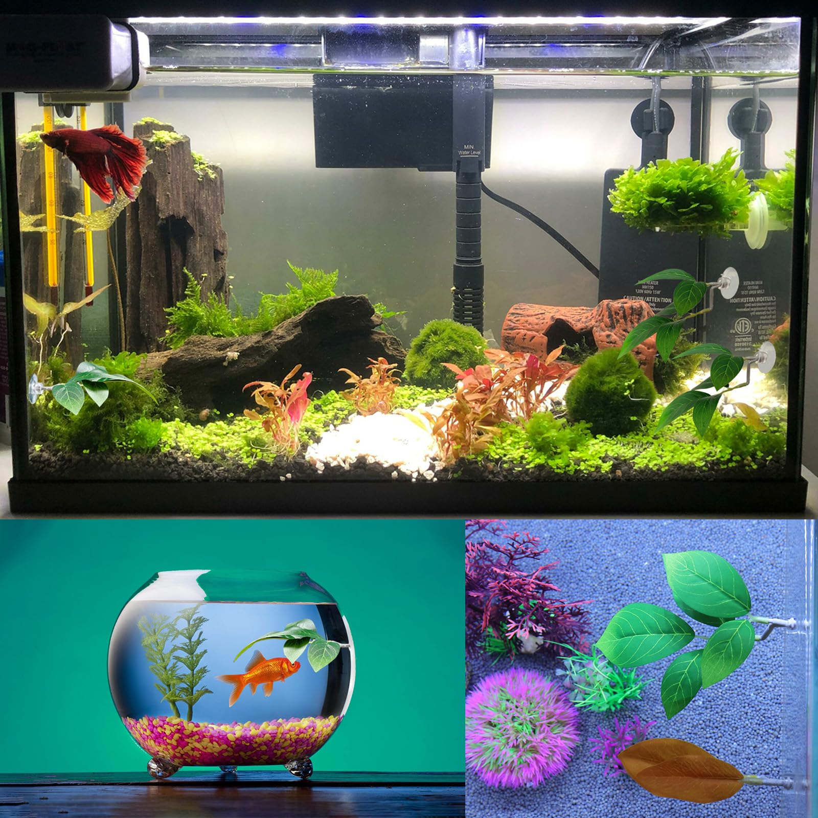**2 Pack Adjustable Plastic Aquarium Plants - Fish Tank Leaf Pad Decor with Suction Cups, Natural Betta Habitat for Spawning, Resting & Playing | Multi-Leaf Design for Freshwater & Saltwater Tanks**    *(Use: Perfect for betta fish tanks, community aquariums, or breeding setups to provide shelter and natural stimulation.)*