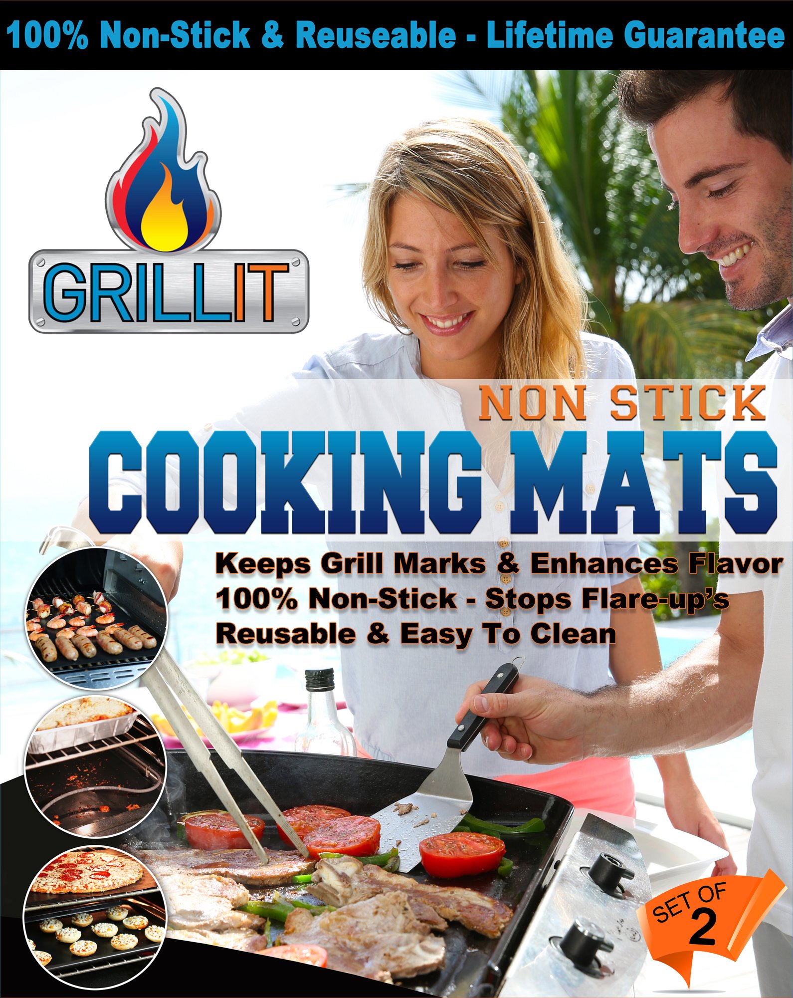 Premium Nonstick BBQ Grill & Baking Mats (Set of 2) - Heavy Duty, Dishwasher Safe Cooking Sheets 15.75