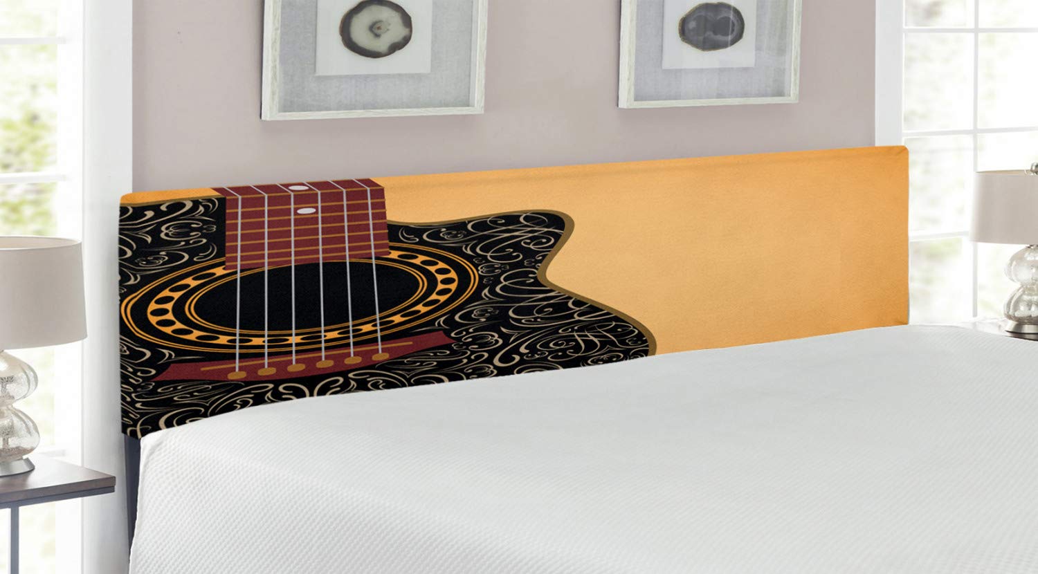 Ambesonne Vintage Floral Guitar Headboard - King Size Upholstered Metal Bed Frame with Memory Foam in Pale Orange, Black & Maroon | Perfect for Musician Bedrooms, Music Lover Home Decor & Bohemian Style Bedrooms