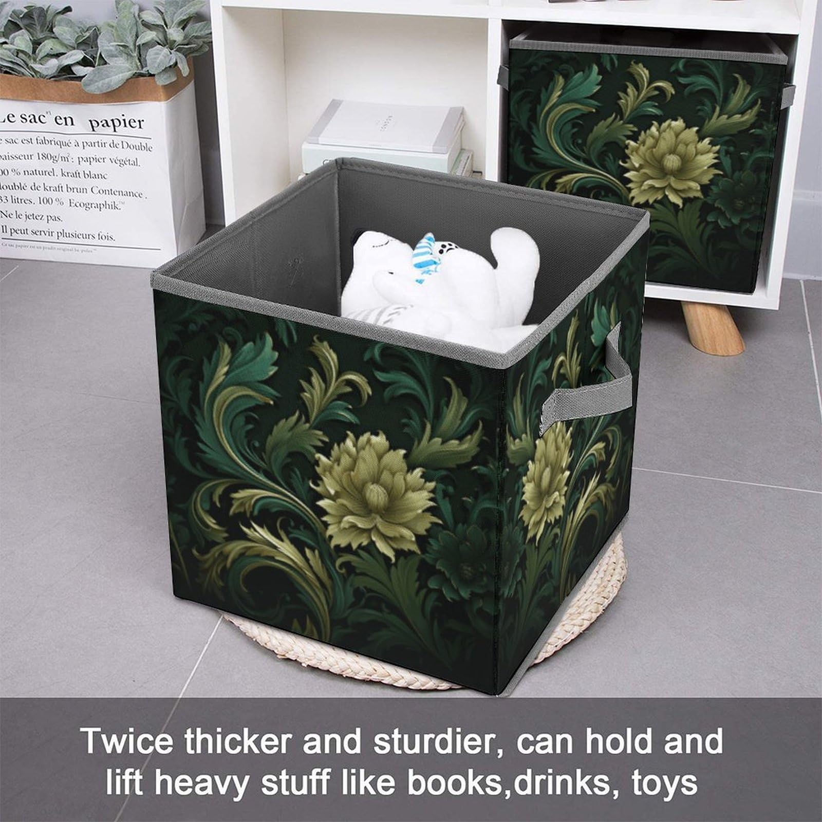 Foldable Storage Cubes with Handles - Dark Green & Green Fabric Closet Organizers for Shelves, Cabinets & Wardrobes | Perfect for Bedroom, Kids Room & Office Organization