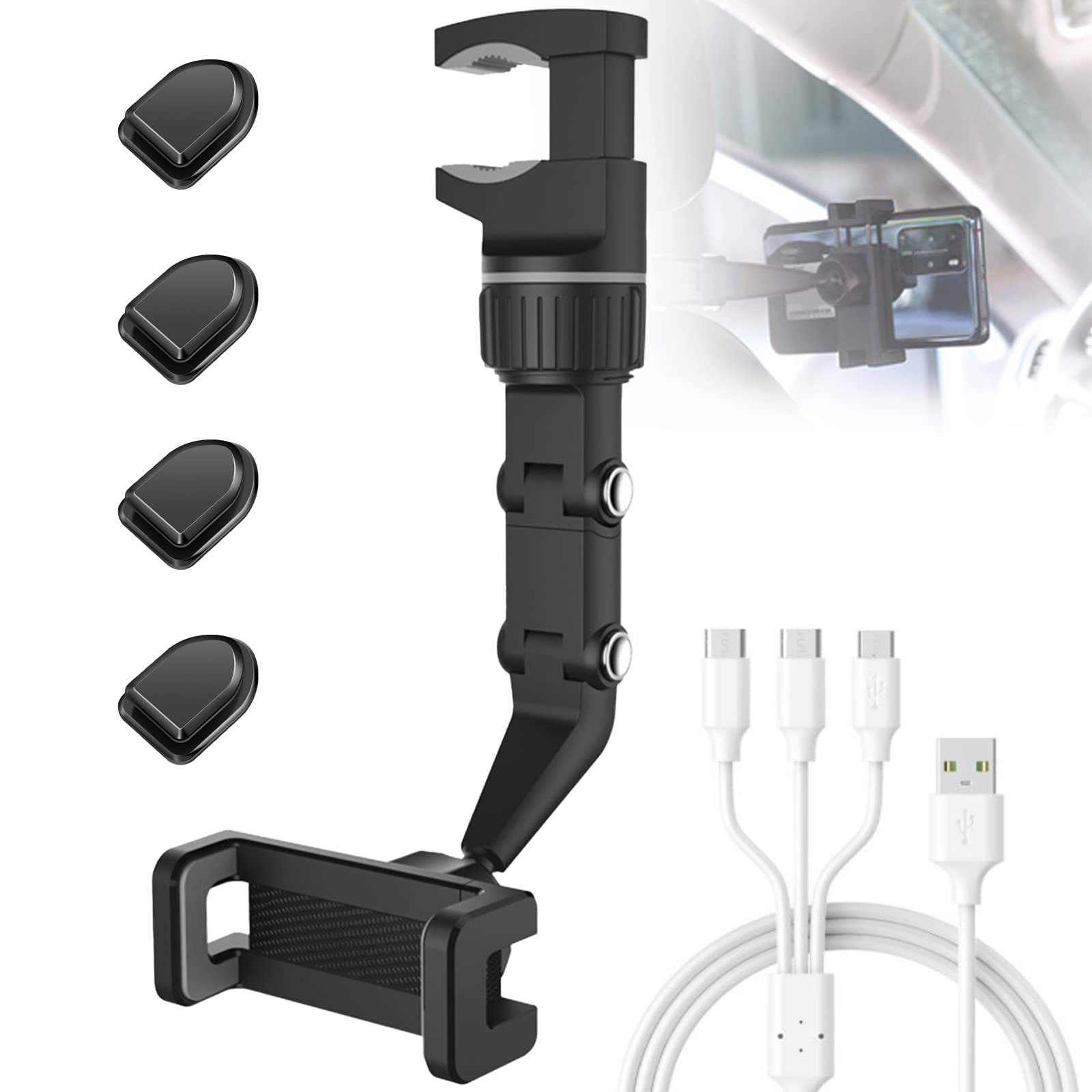 360° Rotating Car Phone Holder - Universal Rearview Mirror Mount for iPhone, Samsung & GPS - Includes Car Hook & 3-in-1 Charging Cable (Black) | Perfect for Hands-Free Navigation, Rideshare & Road Trips