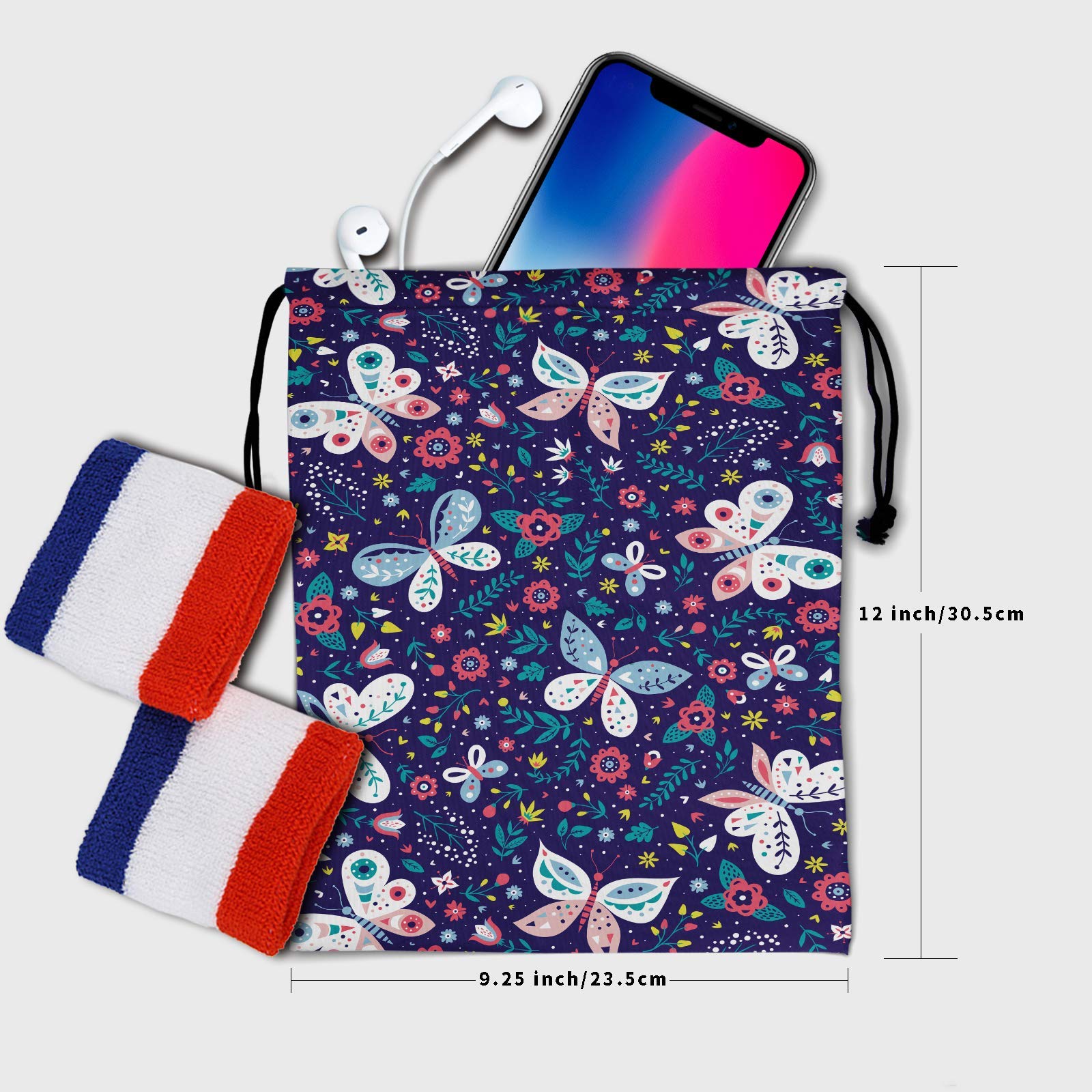 Floral Butterfly Drawstring Storage Bags - Purple Flower Leaf Grip Polyester Pouch for Shoes, Gym Towels & Travel Essentials | Christmas Gift, Nature-Themed Organizer for Home & Outdoor Use