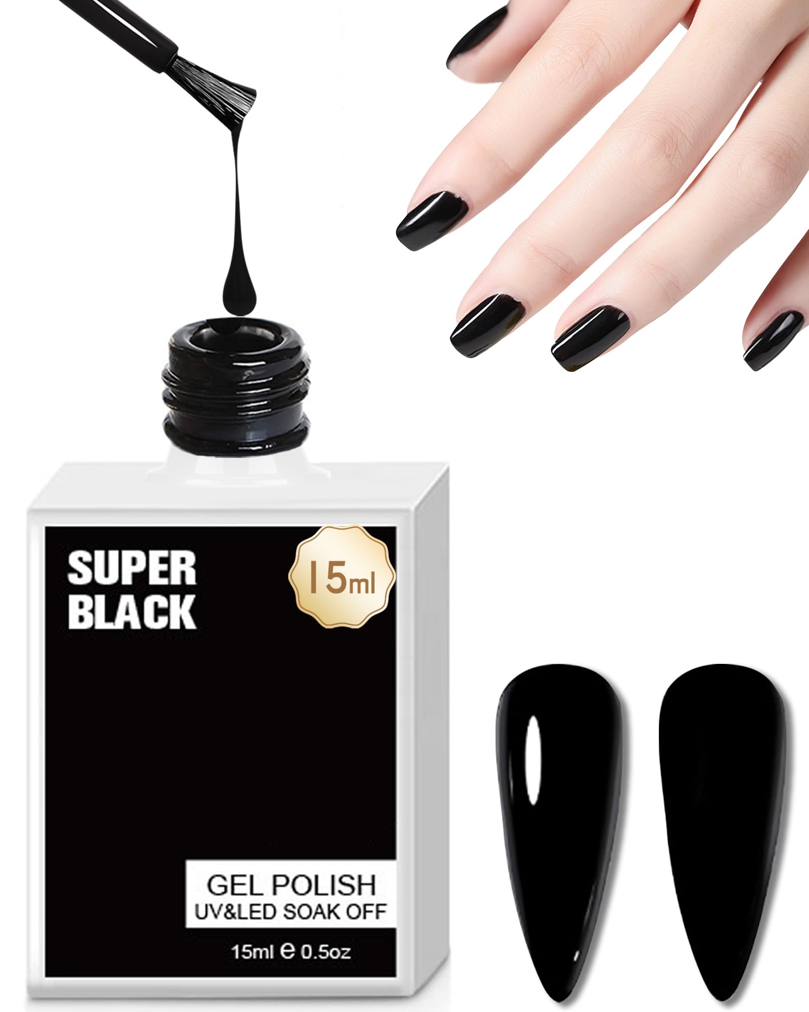 Premium Black Gel Nail Polish - 15ml UV LED Cured Soak Off Nail Glue with High Pigmentation | Long Lasting French Manicure & Halloween Nail Art | Perfect for DIY Home Salon, Professional Nail Designs & Gift for Women