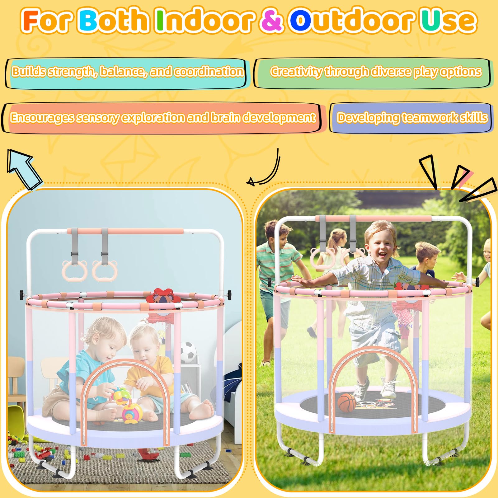 5FT Mini Trampoline for Kids Ages 3-6 | Indoor Toddler Trampoline with Safety Net & Adjustable Gym Bar | Perfect Birthday Gift for Boys & Girls | Great for Indoor Play, Exercise & Motor Skills Development