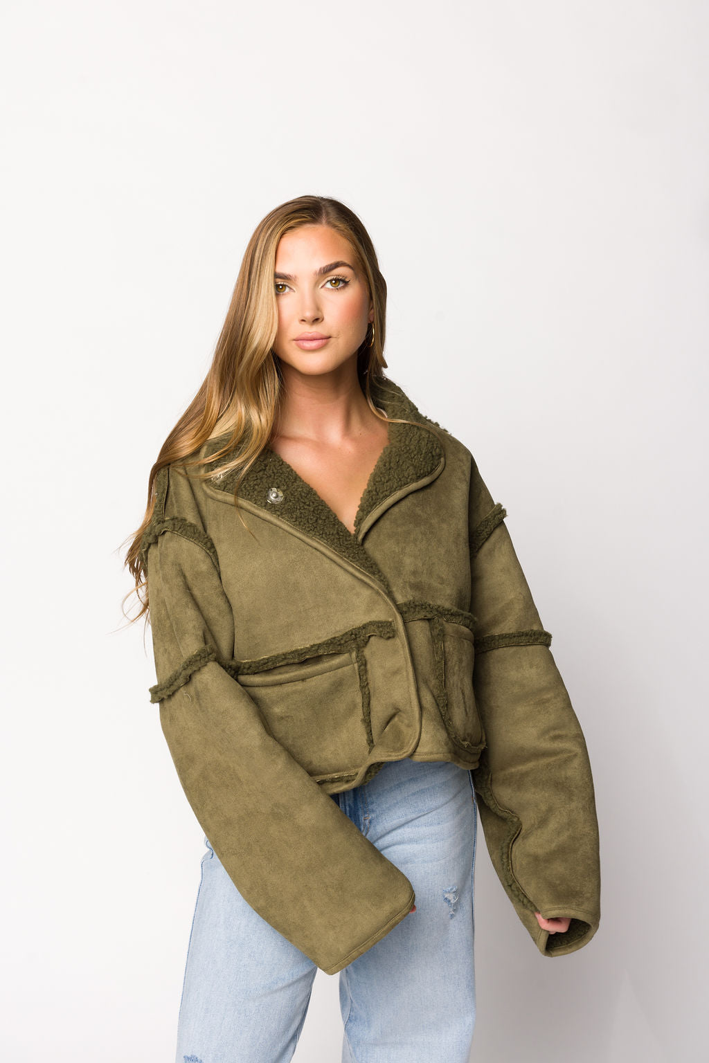 Reversible Sherpa & Suede Jacket for Women - Olive Green Winter Coat | Cozy Fleece Lined Outerwear for Hiking, Camping & Casual Wear