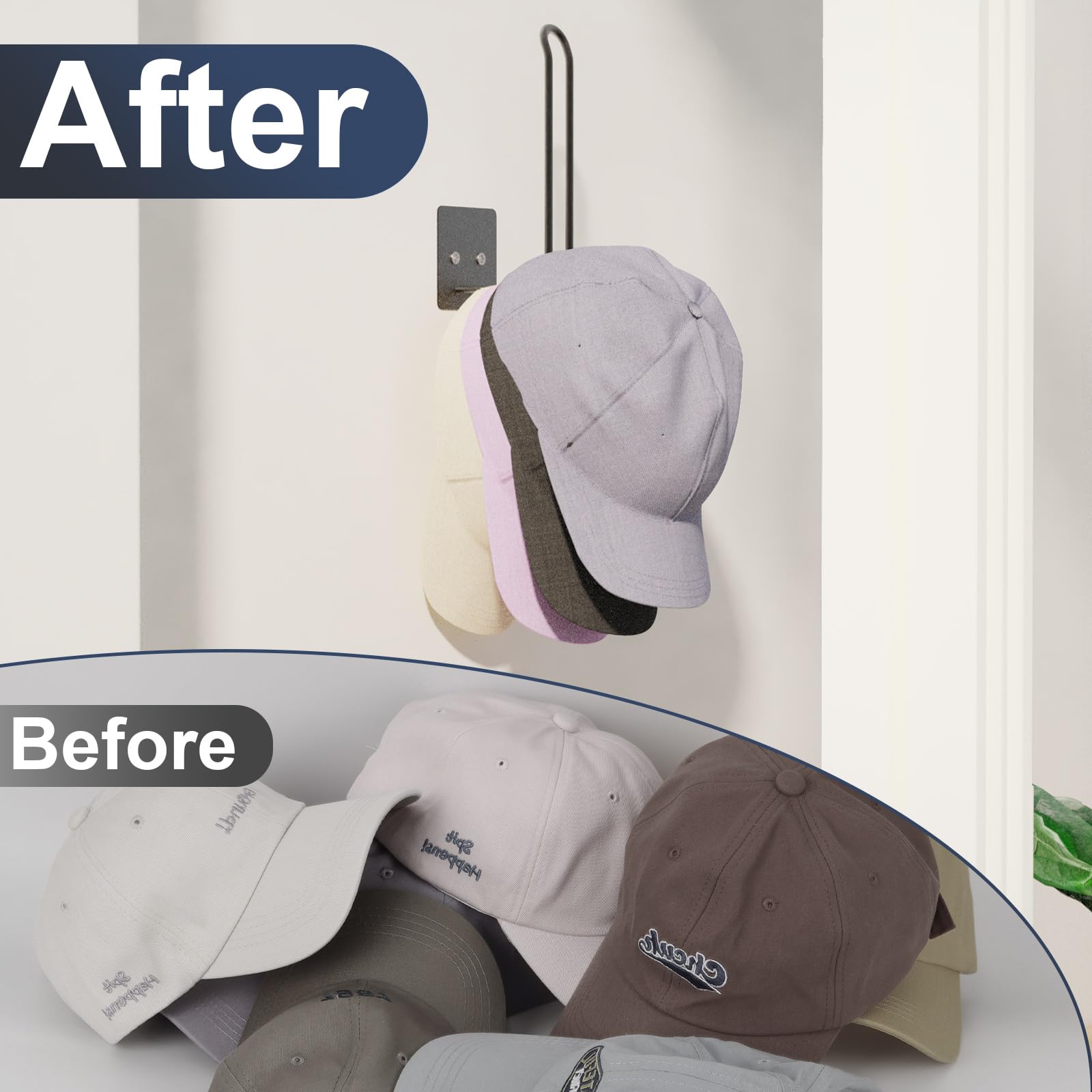 2 Pack Baseball Cap Hat Rack Organizer - Strong Adhesive & Wall Mountable Hat Holder for Door, Bedroom, Closet Storage - Perfect for Organizing Baseball Caps, Hats & Accessories (Black)