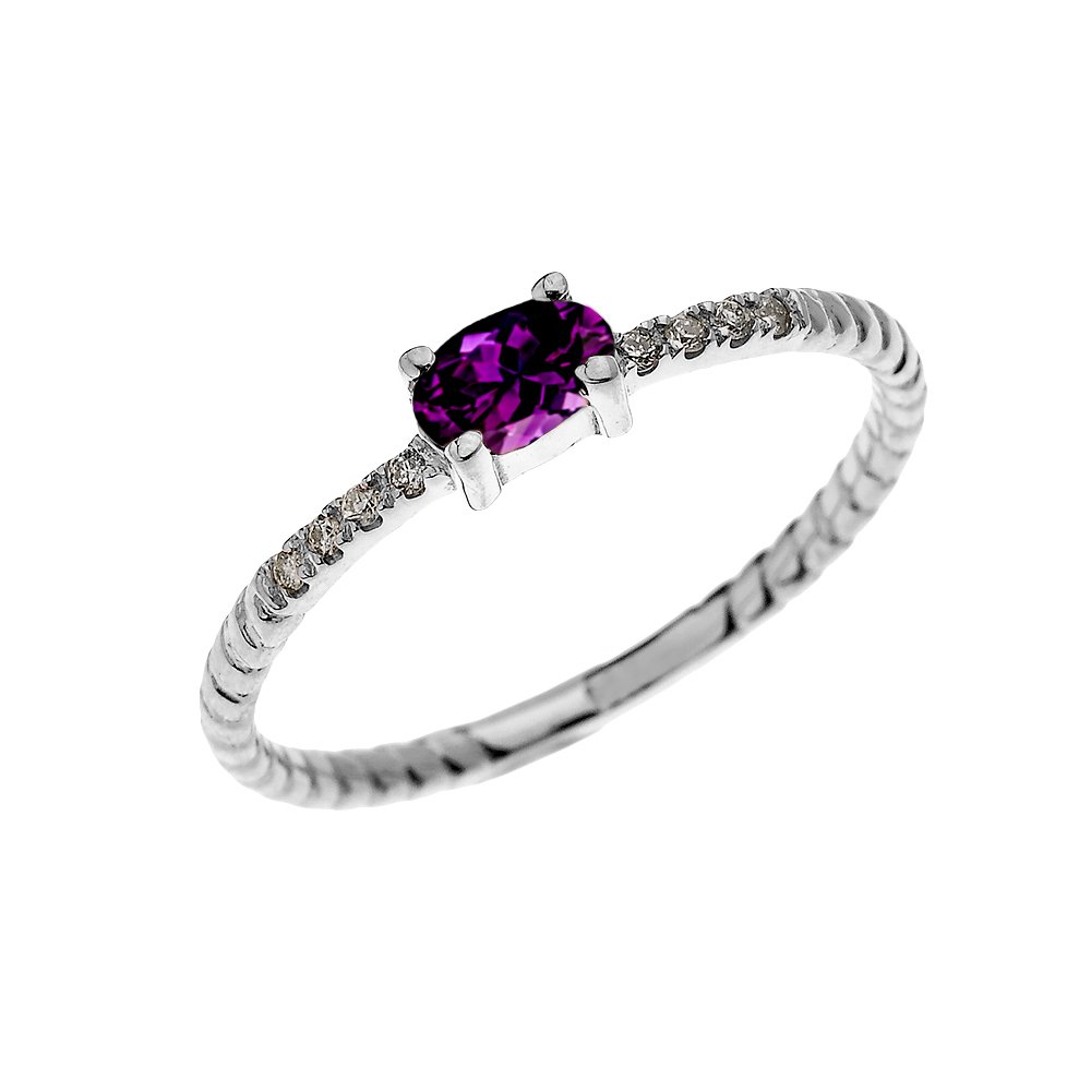 14K White Gold Diamond & Oval Amethyst Solitaire Rope Design Stackable Ring for Women - Elegant Proposal, Engagement & Wedding Jewelry Gift for Her