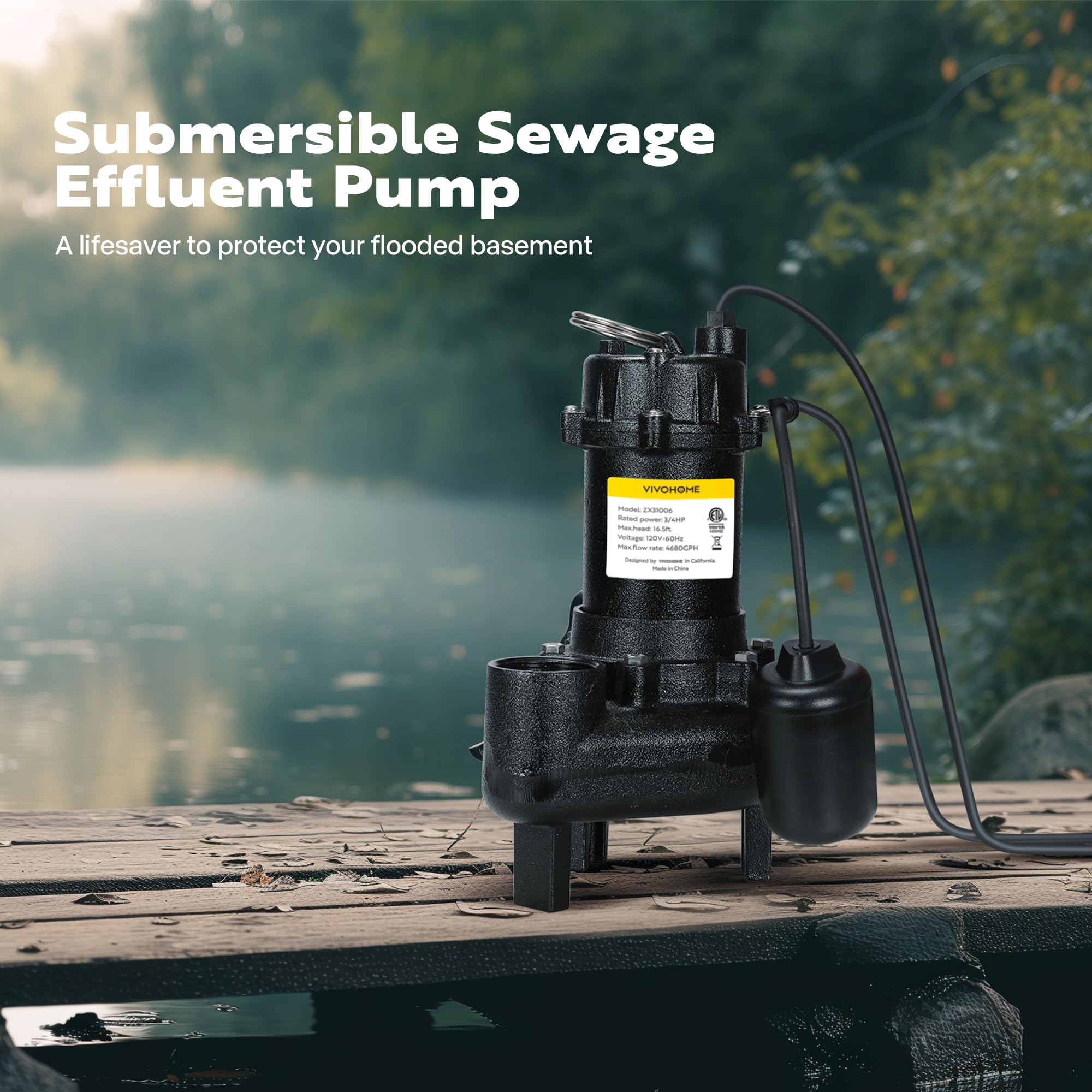 VIVOHOME 3/4 HP Submersible Cast Iron Sewage Pump with Float Switch - 4680 GPH, 2'' NPT Discharge - Heavy Duty Effluent Pump for Basement, Septic Tank, Flood Control & Water Transfer