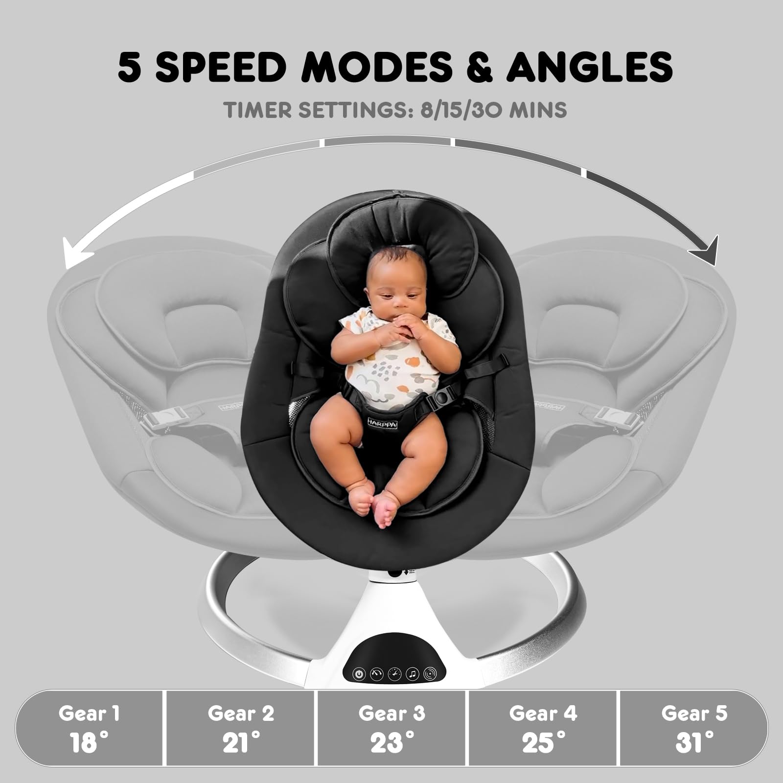 HARPPA Electric Baby Swing for Infants to Toddlers - Portable Baby Swing with 5 Speed Settings, Remote Control, Music Speaker, 12 Lullabies & Bluetooth (Black) - Perfect for Newborn Boys & Girls at Home, Travel, and Nursery