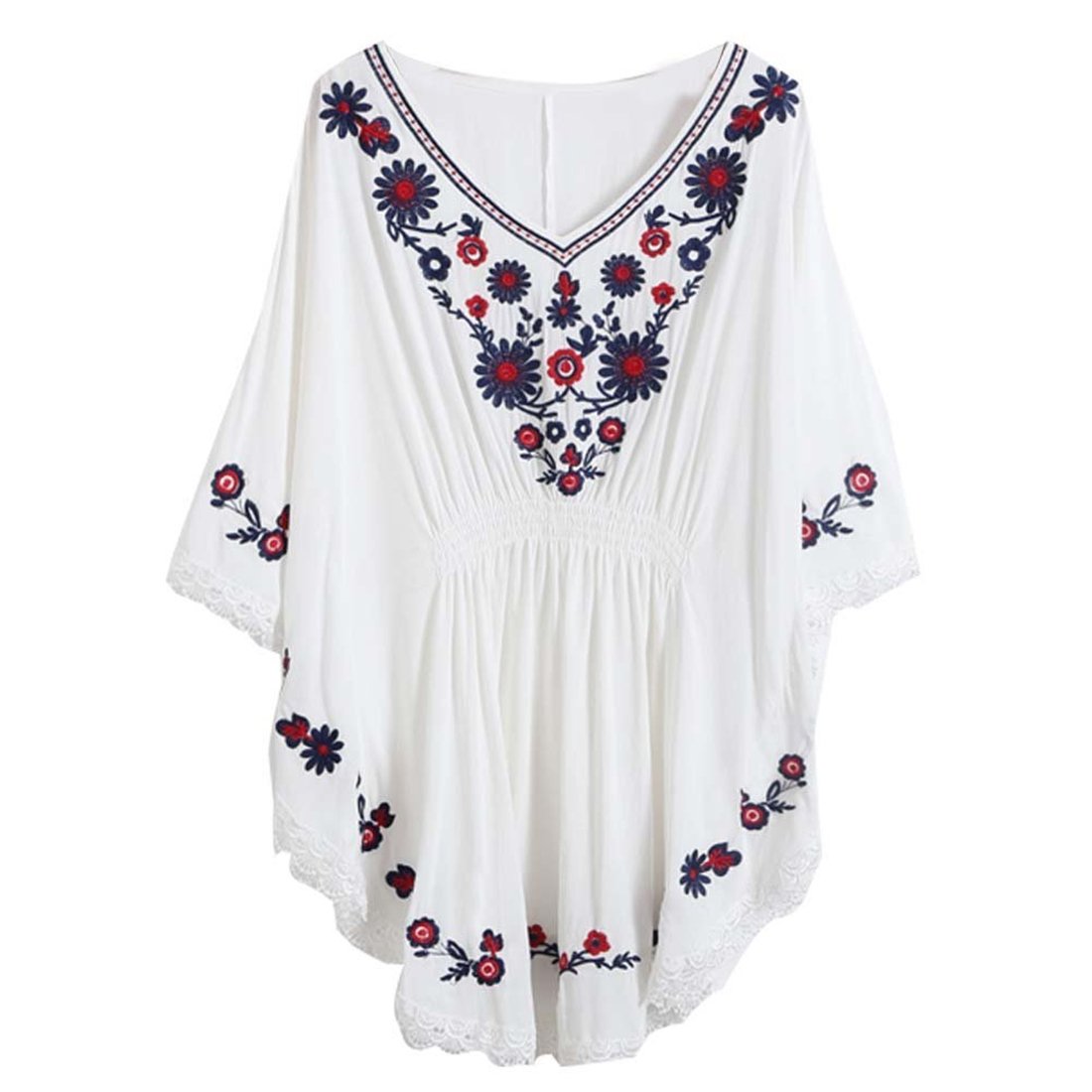 Kafeimali Women's Casual Batwing Sleeve Mexican Embroidered Peasant Blouse - Boho Chic Tunic Top for Summer, Festivals & Vacations