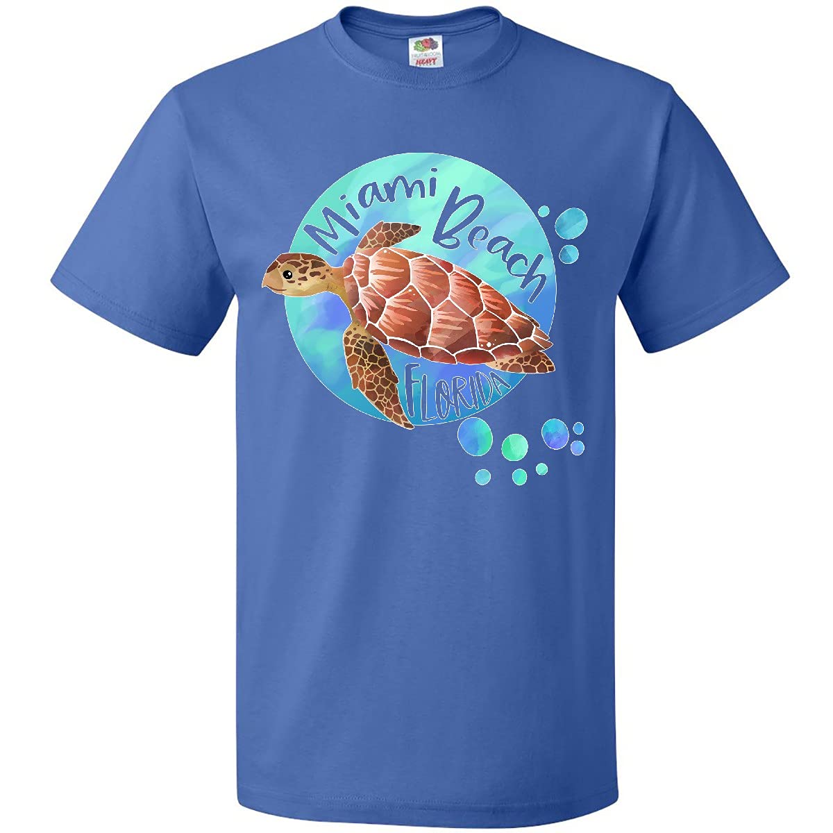 Inktastic Miami Beach Florida Swimming Sea Turtle with Bubbles Graphic T-Shirt - Comfortable Casual Tee for Beach Vacation, Ocean Lovers & Summer Outfits