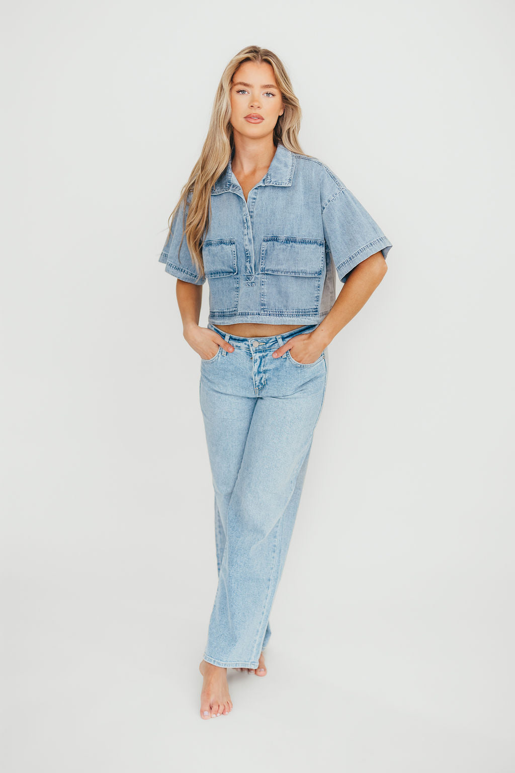 Carla 100% Cotton Chambray Cropped Shirt - Women's Casual Short Sleeve Button Down Top for Summer Outfits, Beach Wear & Boho Style