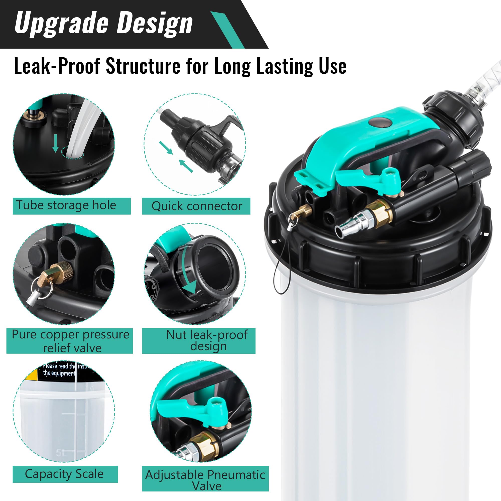 Estune 2 Gallon (7.5L) Manual Pneumatic Oil Fluid Extractor Pump - Automotive Oil Changer & Vacuum Pump with 5 Brake Bleeding Hoses - Perfect for Cars, SUVs, Trucks, Yachts & Marine Applications - Ideal for Oil Changes, Fluid Extraction & Brake Bleeding