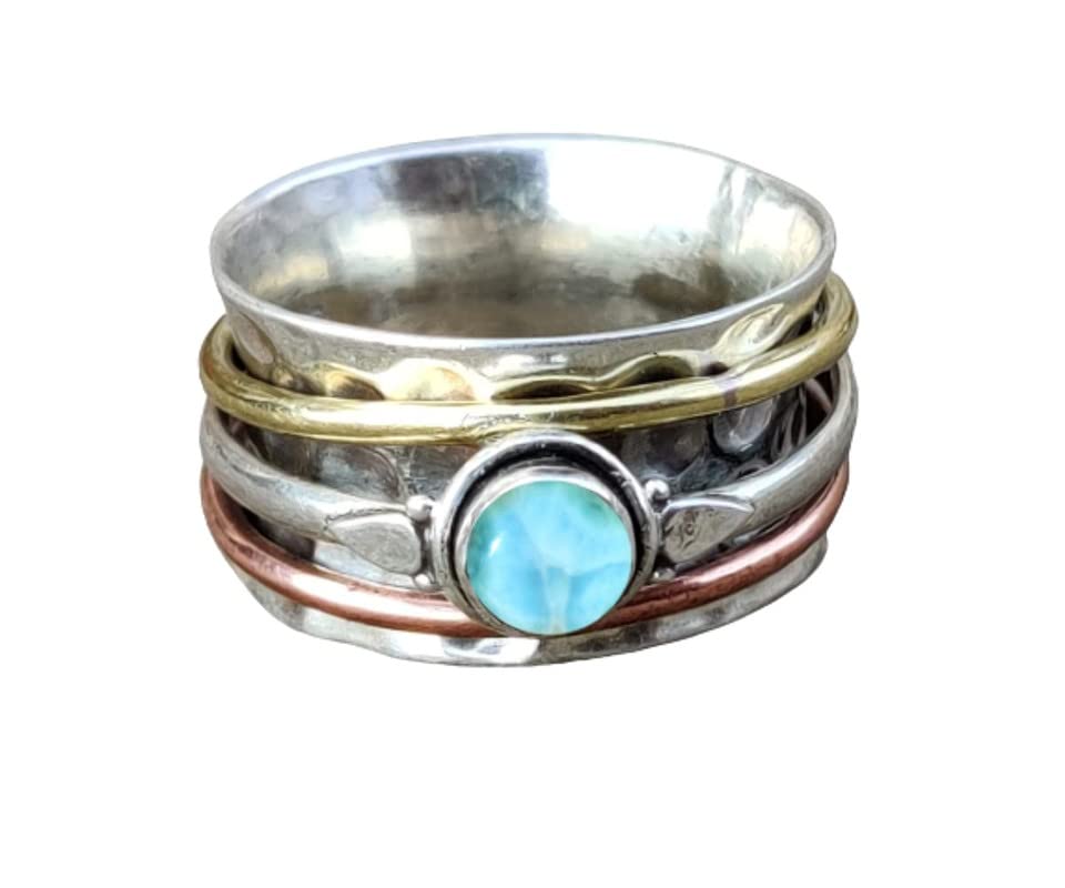 Larimar Gemstone Spinner Ring for Women - Handmade Silver Meditation & Anxiety Relief Ring - Elegant Spinning Statement Band Jewelry for Stress Relief, Mindfulness & Fashion Accessories