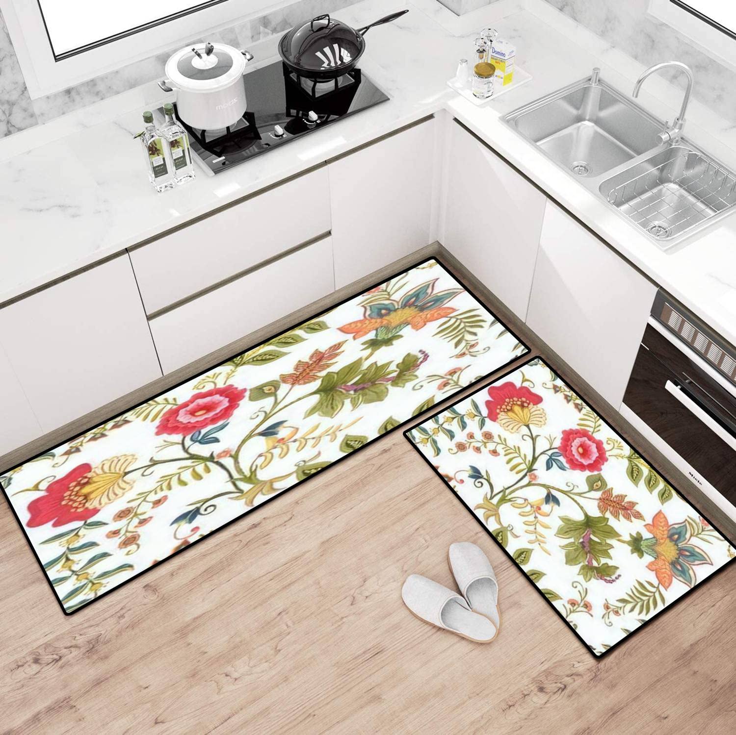 Vintage Jacobean Embroidery Kitchen Rugs - Non-Slip Washable Floor Mats for Home Decor