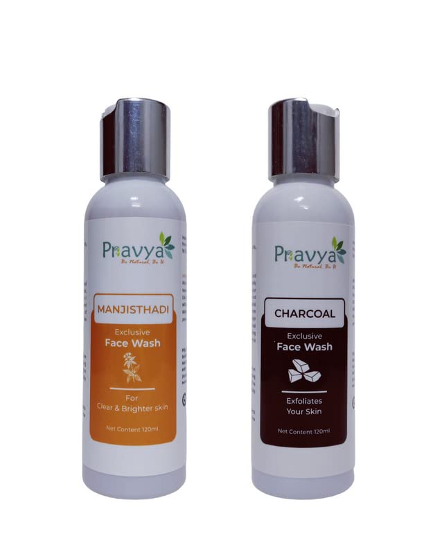 Pravya Charcoal & Manjisthadi Face Wash Combo Pack - 2 x 120ml | Deep Cleansing & Brightening | For Oily & Acne-Prone Skin - Daily Skincare Routine