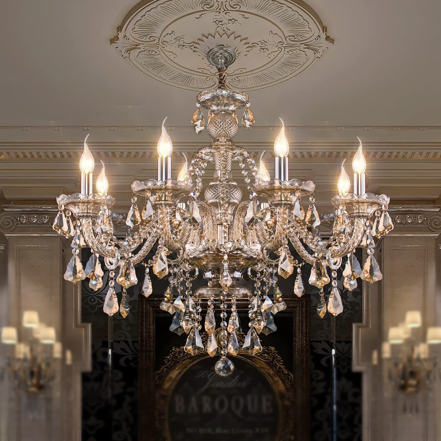Luxury 8-Light Cognac Crystal Chandelier - 31x26 Inch Swarovski K9 Crystal Pendant Lamp for Dining Room, Bedroom & Living Room Lighting | Elegant Ceiling Light Fixture for Home Decor & Wedding Gifts
