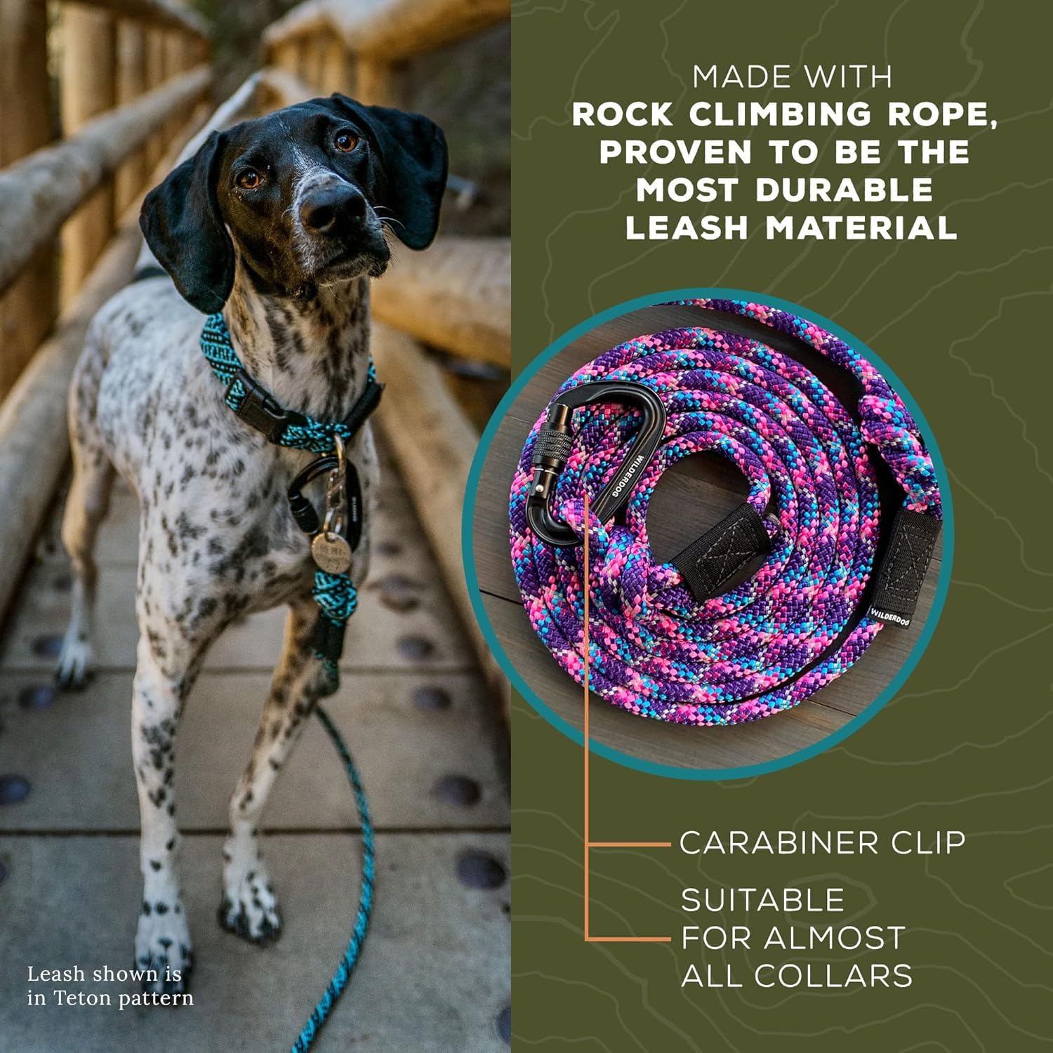Wilderdog Heavy Duty Carabiner Climbing Rope Dog Leash - 5ft Adjustable Lead for Medium & Large Dogs - Rainbow Reflective Outdoor Walking & Hiking Accessories