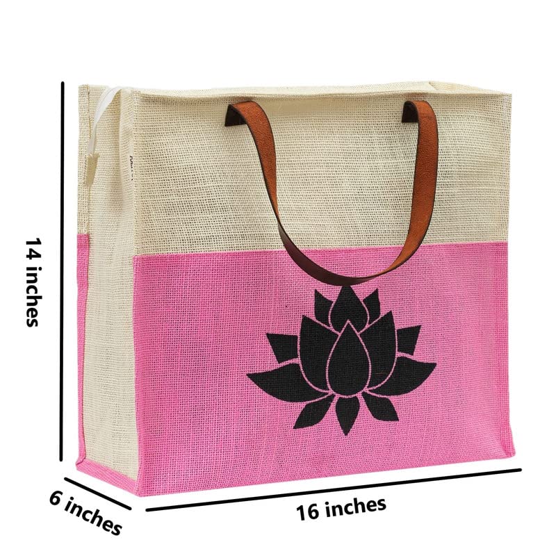 JUTEKA Lotus Print Jute Tote Bag with Leather Handles - Eco-Friendly Reusable Shopping Bag for Grocery, Office, Lunch & Picnic | Perfect for Farmers Market, Work Commute & Outdoor Activities