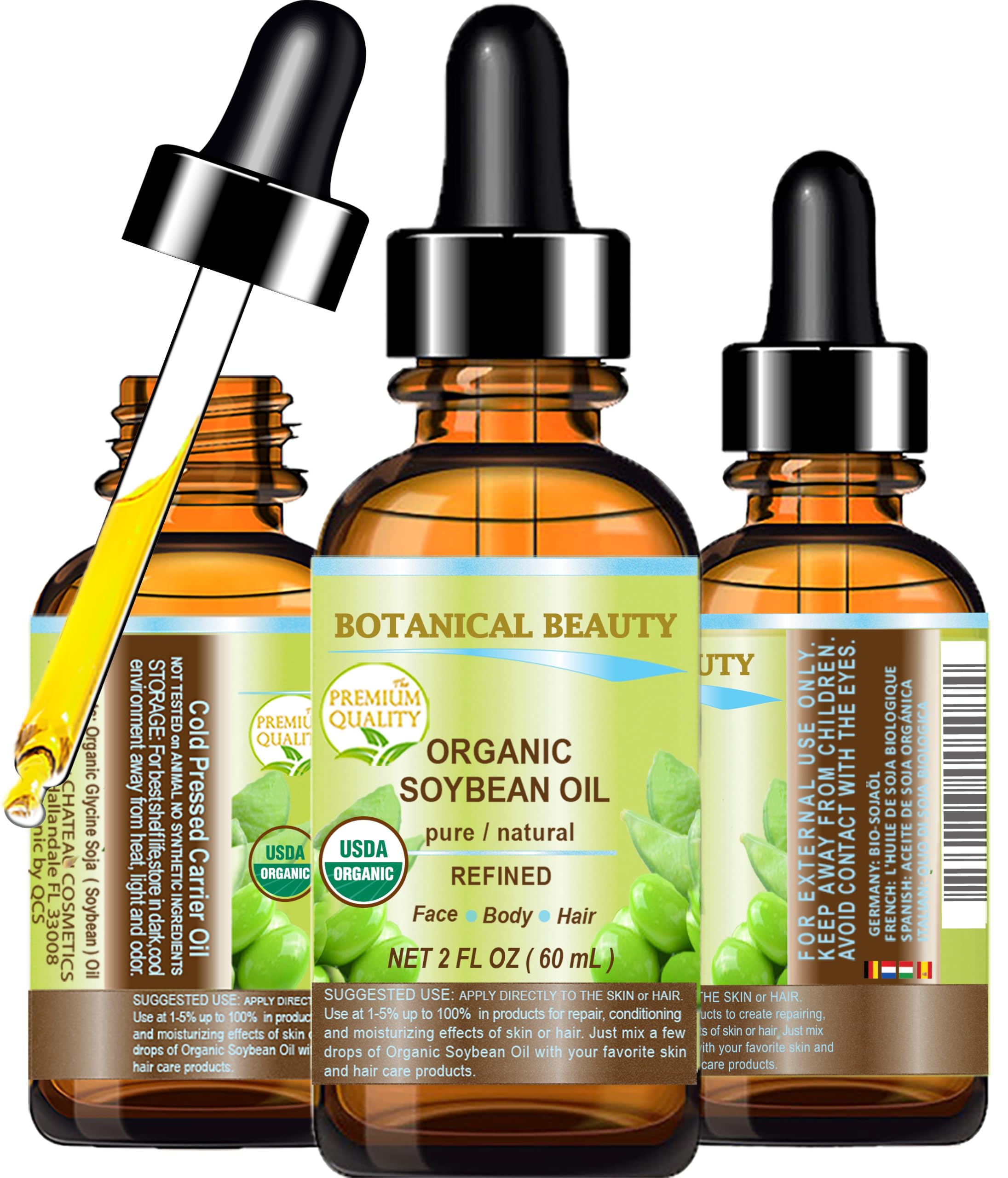 100% Pure Organic Soybean Oil - Refined Cold Pressed Carrier Oil for Face, Skin, Body, Hair & Nails | 2 Fl.oz (60ml) Natural Moisturizer & Nourishing Treatment by Botanical Beauty | Perfect for Massage, DIY Beauty Recipes & Dry Skin Care