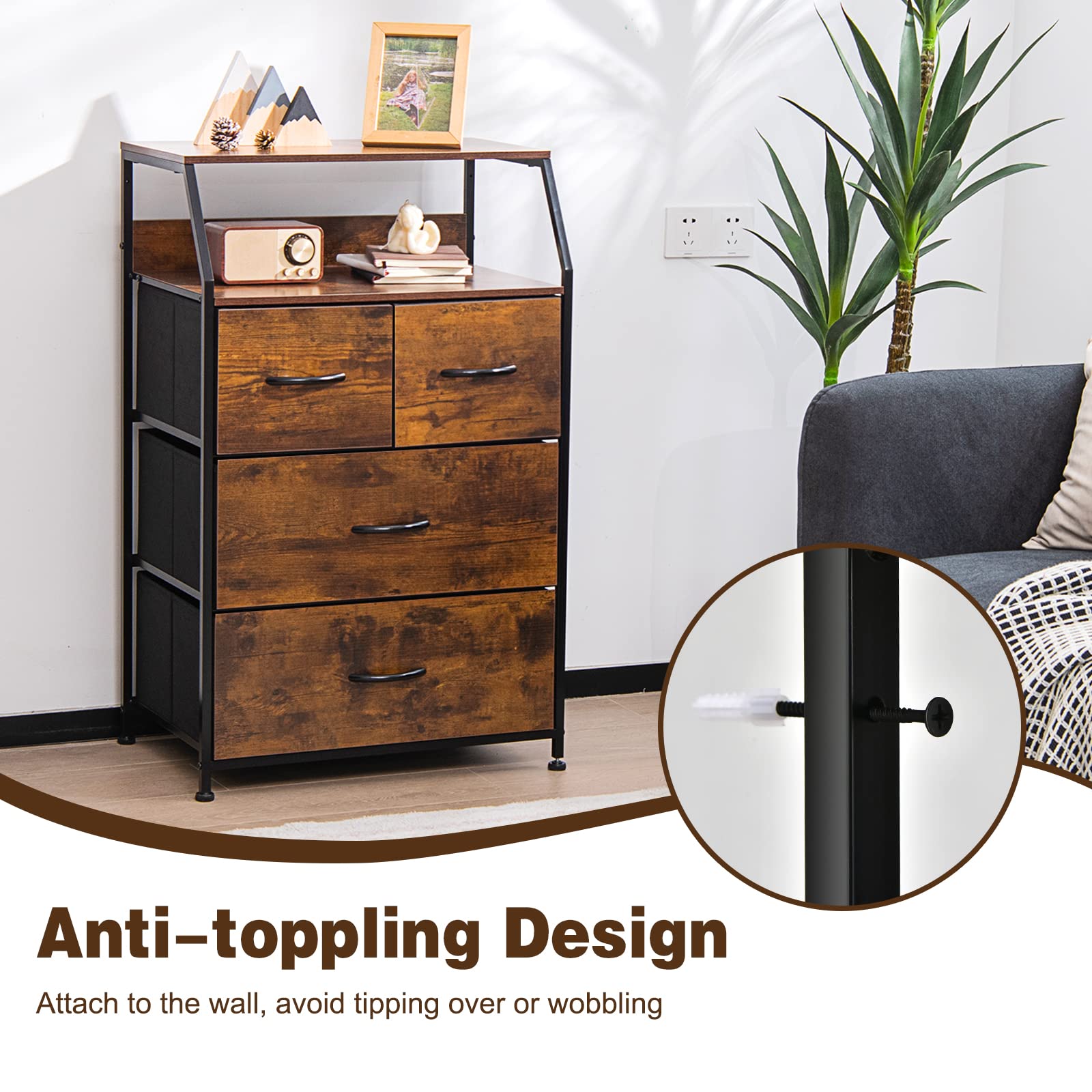 Giantex 4-Drawer Dresser Set of 2, Tall Storage Tower with 4 Foldable Fabric Drawers & Open Shelves, Solid Wood Top & Sturdy Metal Frame, Anti-Tip Design for Safety - Perfect for Bedroom, Hallway, Closet Organization & Small Space Storage Solutions