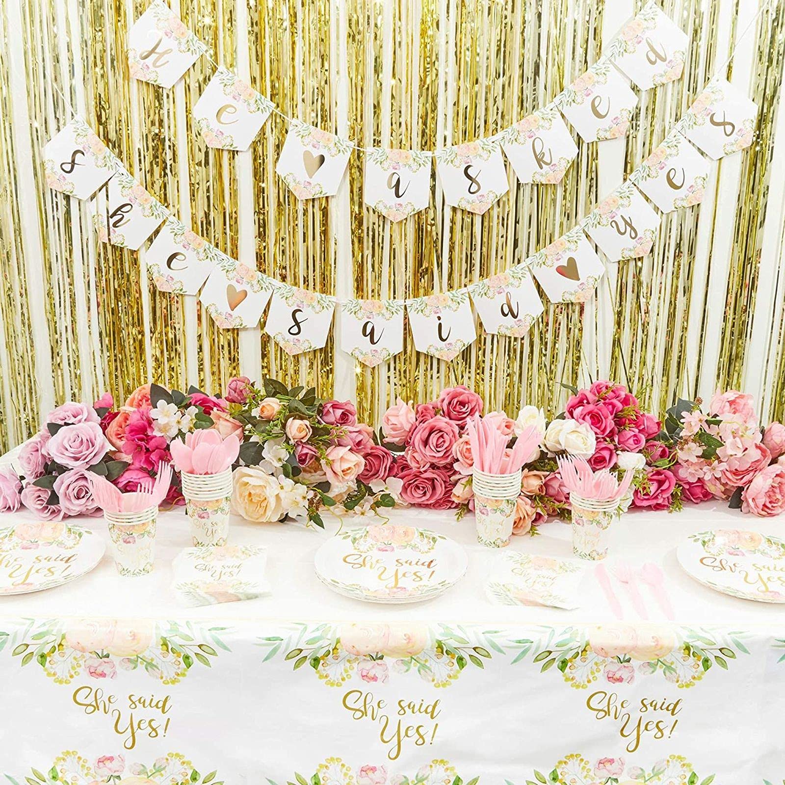 Sparkle and Bash Bridal Party Pack - 146-Piece Wedding Tableware Set (24 Guests) with Disposable Plates, Napkins, Cups, Cutlery, Banner & Plastic Tablecloth - Perfect for Bridal Showers, Bachelorette Parties & Wedding Receptions