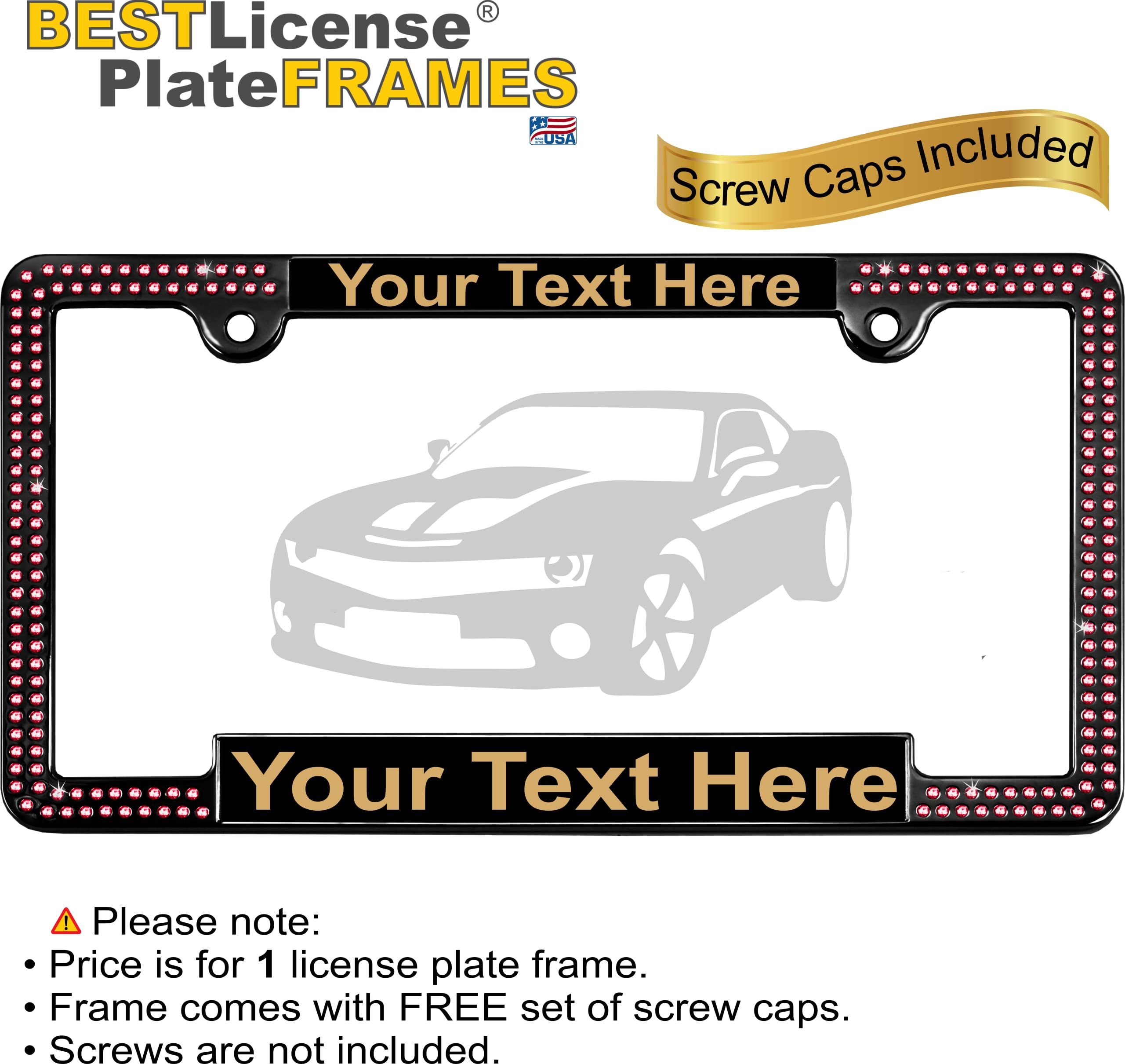 Custom Laser Engraved Black & Gold Metal License Plate Frame with Pink Crystals - Personalized Text Design, Free Caps - Perfect for Cars, Trucks, and Motorcycles