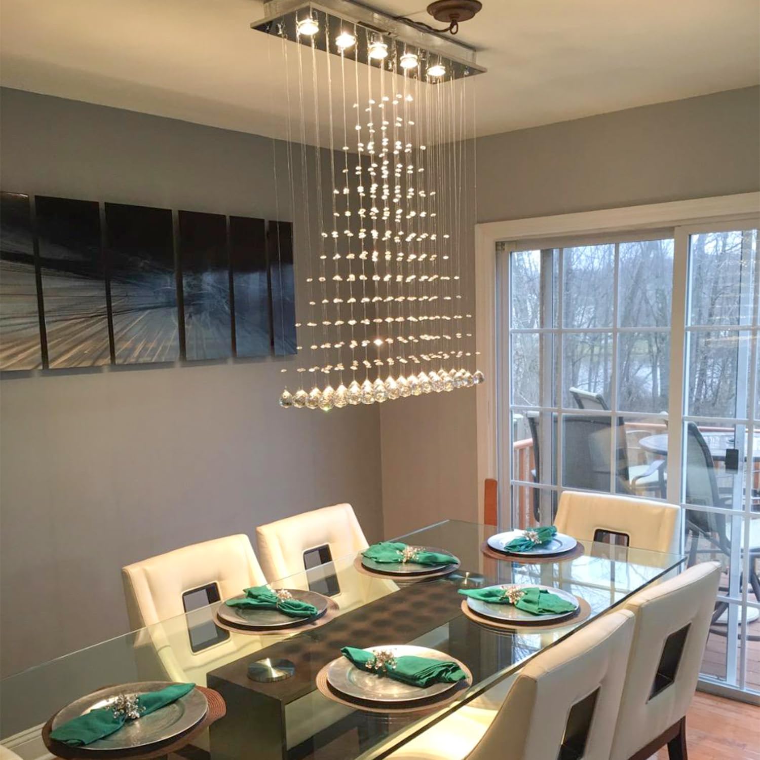 Modern Crystal Rain Drop Chandelier - LED Flush Mount Ceiling Light Fixture for Bathroom, Living Room, Dining Room, Foyer, Bedroom & Hallway - 32