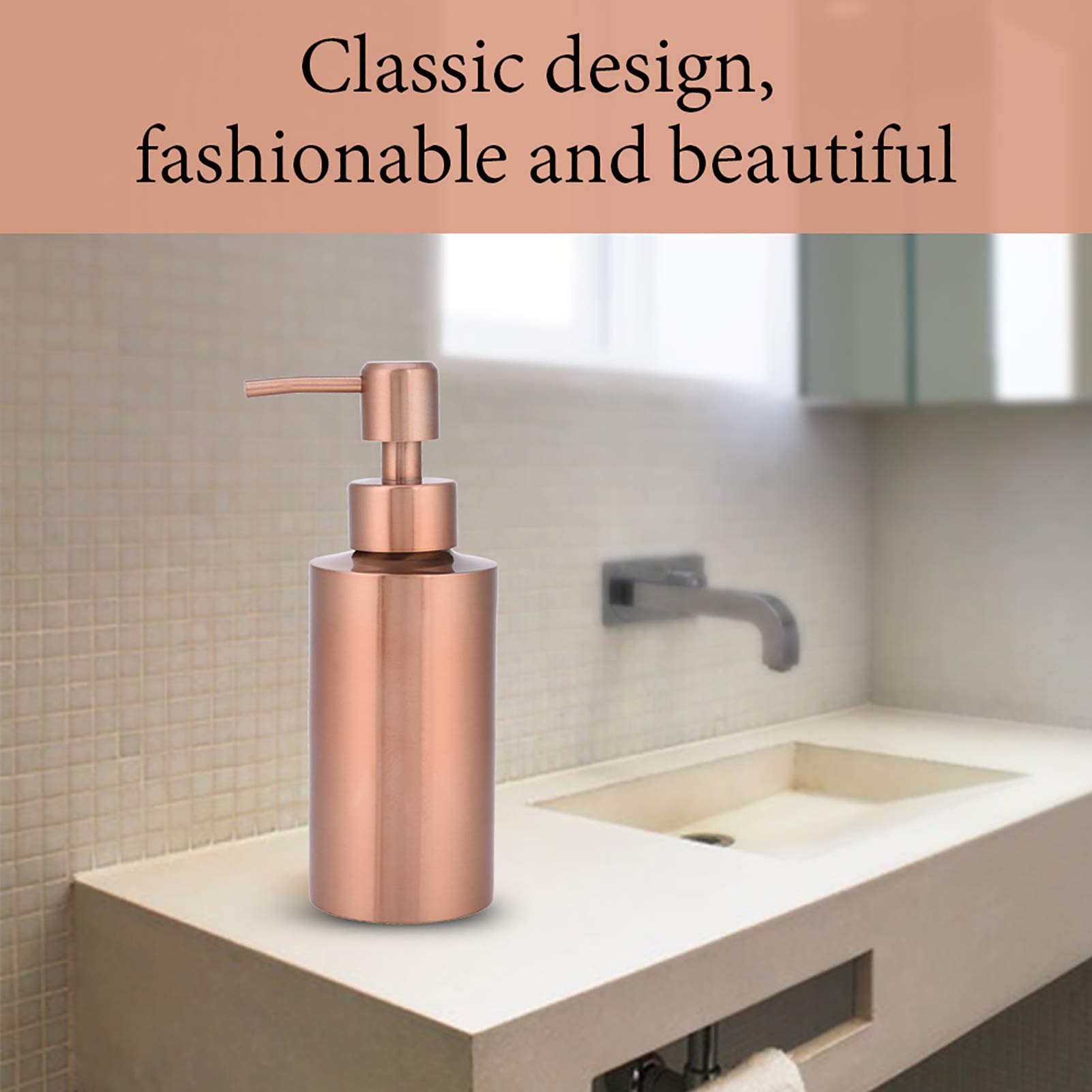 Nikou 250ml Stainless Steel Soap Dispenser - Elegant Rose Gold Hand Pump for Kitchen, Bathroom & Countertop | Perfect for Liquid Soap, Lotion & Hand Sanitizer | Modern Home & Office Decor