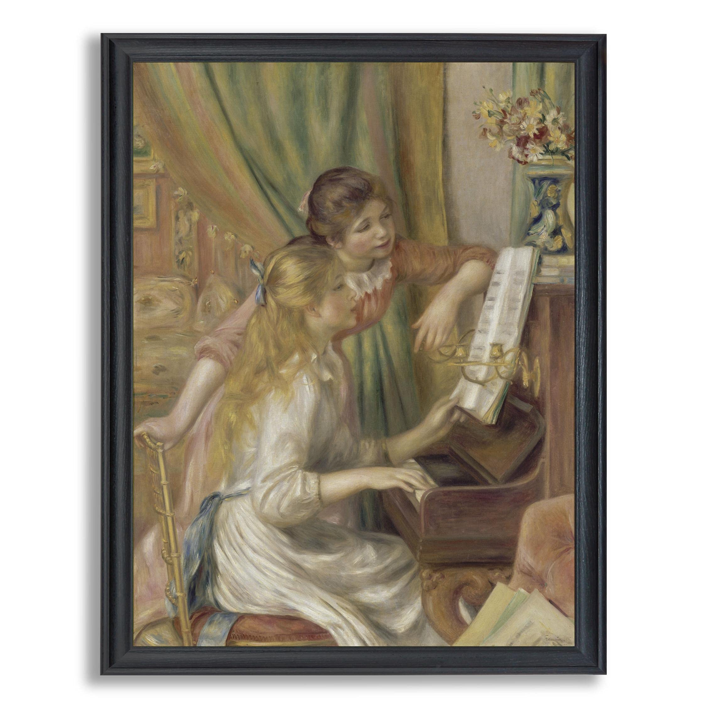 Pierre-Auguste Renoir 'Young Girls at The Piano' Framed Canvas Wall Art - Fine Art Reproduction Painting in Wood Frame - Home & Office Decor for Bedroom, Living Room, Dining Room - Perfect Gift for Art Lovers & Interior Design