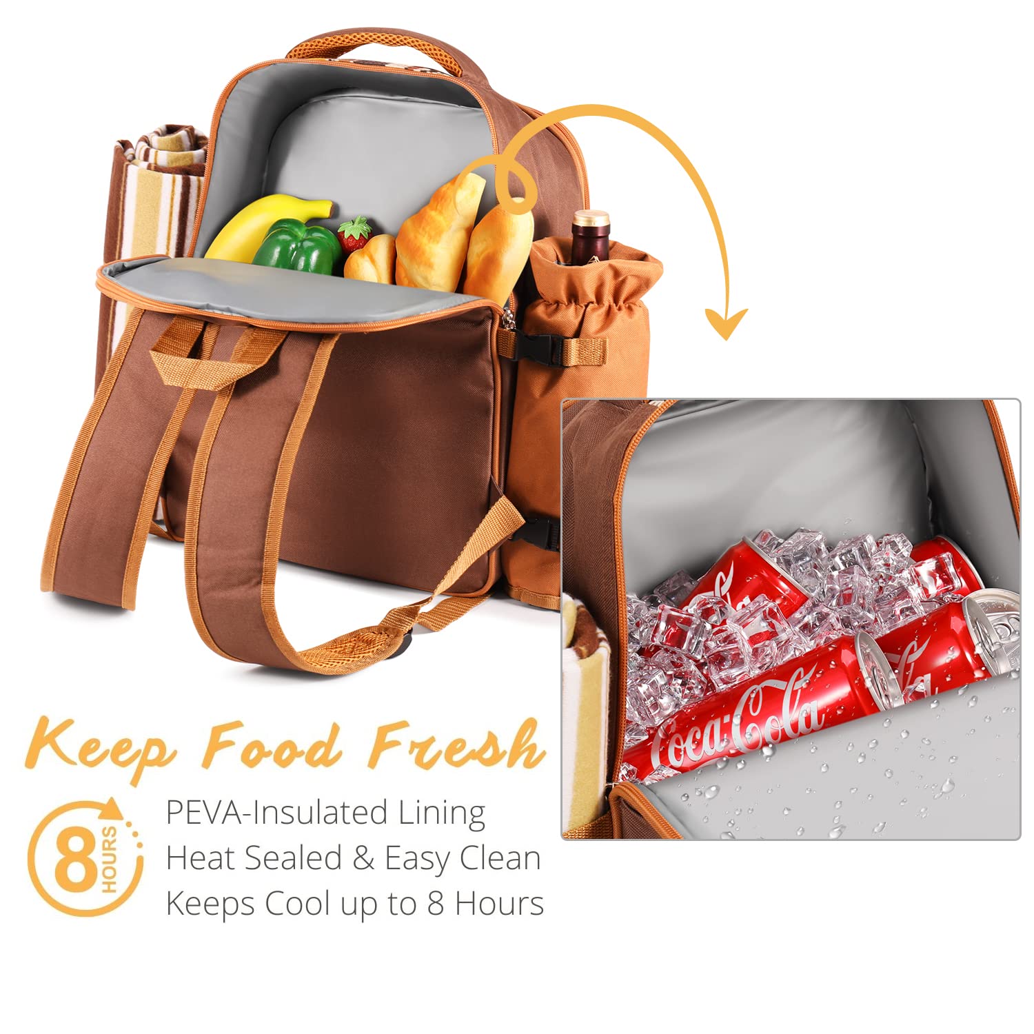 Flexzion 4-Person Picnic Backpack Set with Insulated Compartment, Detachable Wine Holder, Plates & Cutlery - Perfect for Outdoor Dining, Beach Trips & Wine Tasting (Brown)
