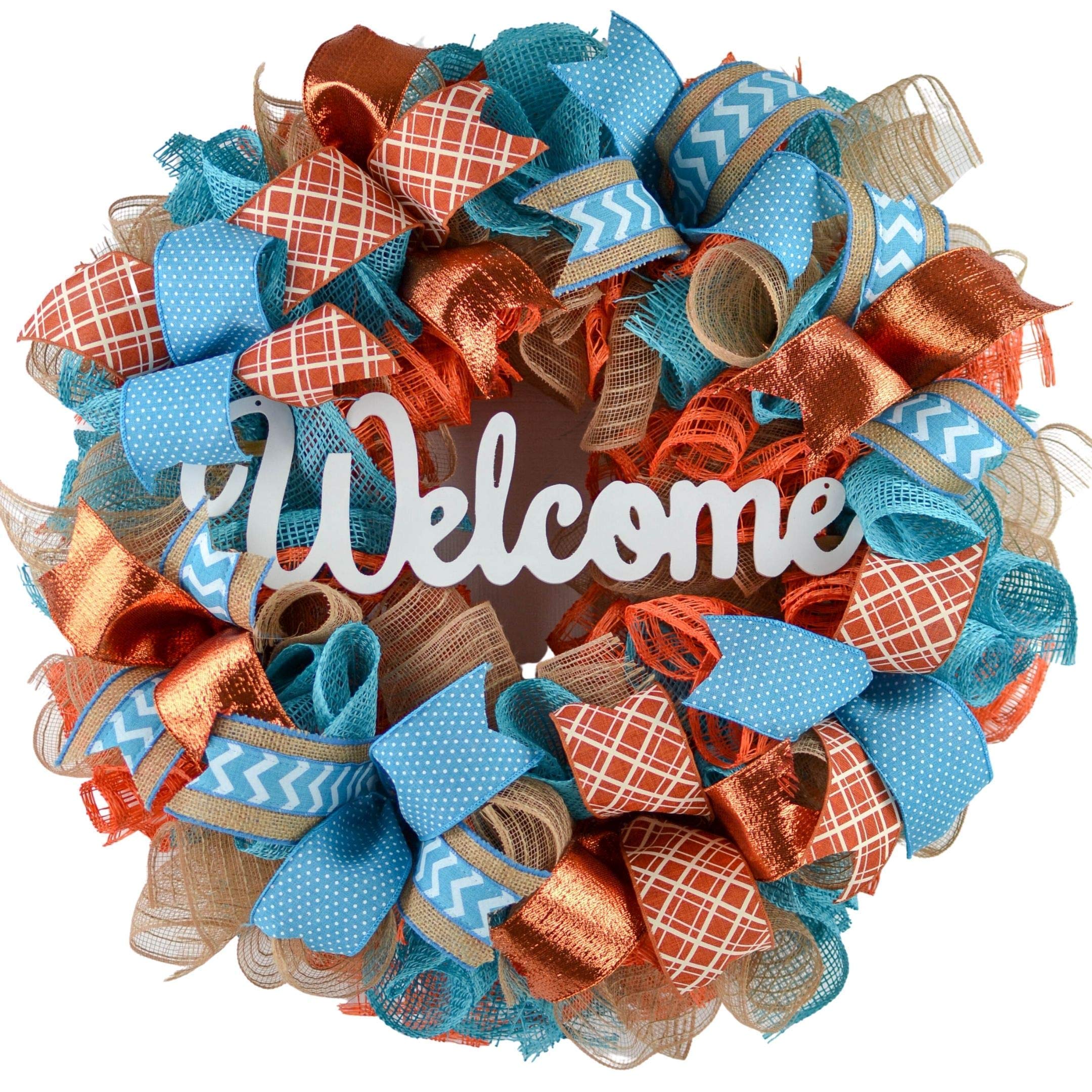 Orange and Turquoise Fall Wreath - Autumn Thanksgiving Door Decor - Blue and White Teal Seasonal Wreath for Home Welcome Decoration | Perfect for Front Door, Porch, Mantel & Holiday Decor