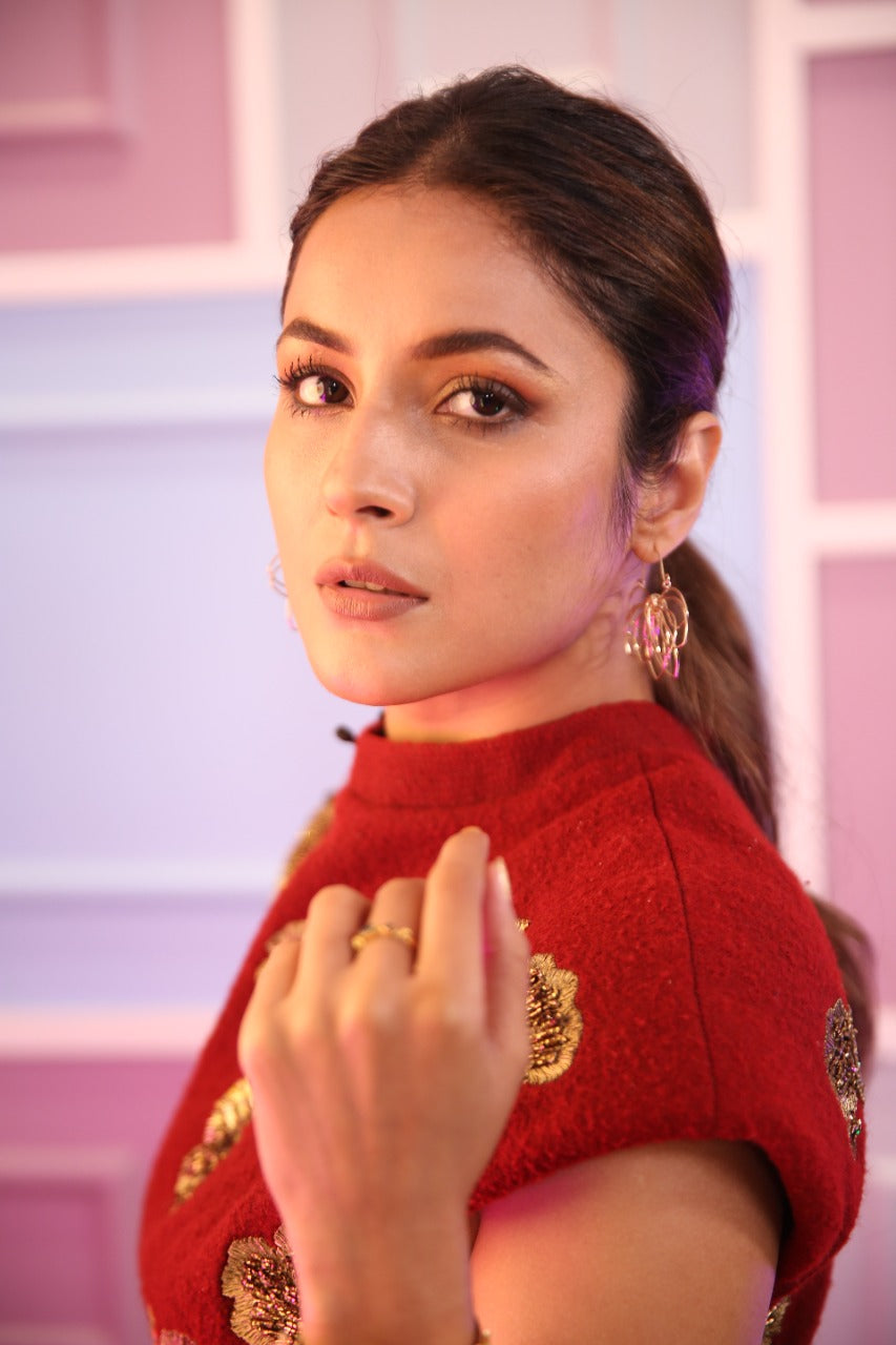 Shehnaaz Gill Oxblood Red Baroque Embroidered Dress - Elegant Party Wear for Women | Perfect for Weddings, Festivals & Special Occasions