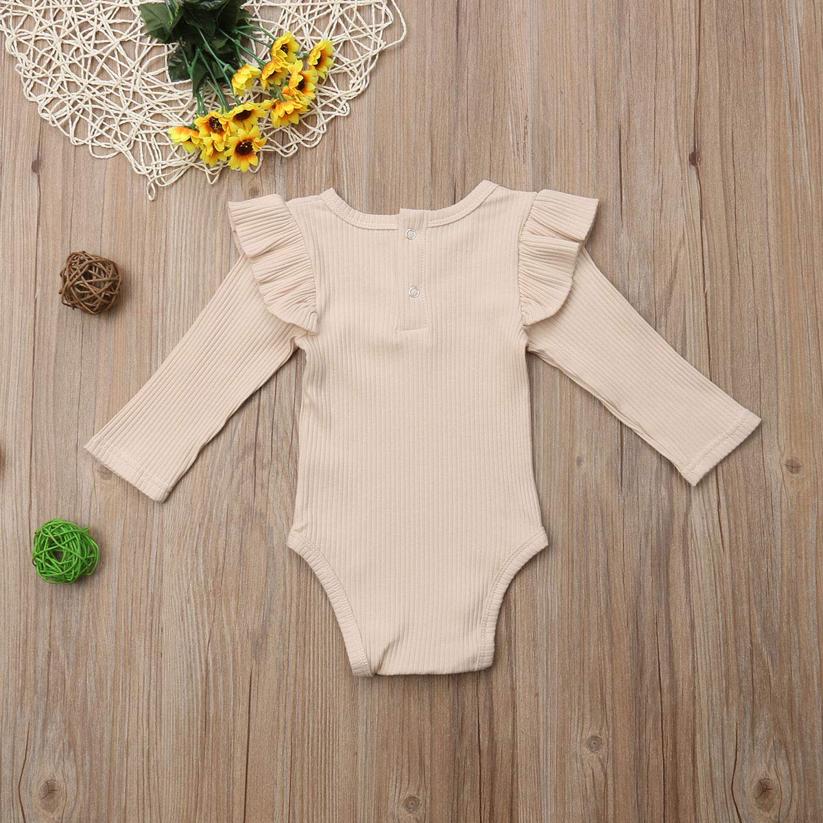Newborn Baby Girl & Boy Cotton Romper - Long Sleeve Ruffle Jumpsuit One-Piece Bodysuit | Soft & Comfortable Fall Winter Outfit (Beige, 6-12 Months) | Perfect for Family Photos, Daily Wear & Special Occasions