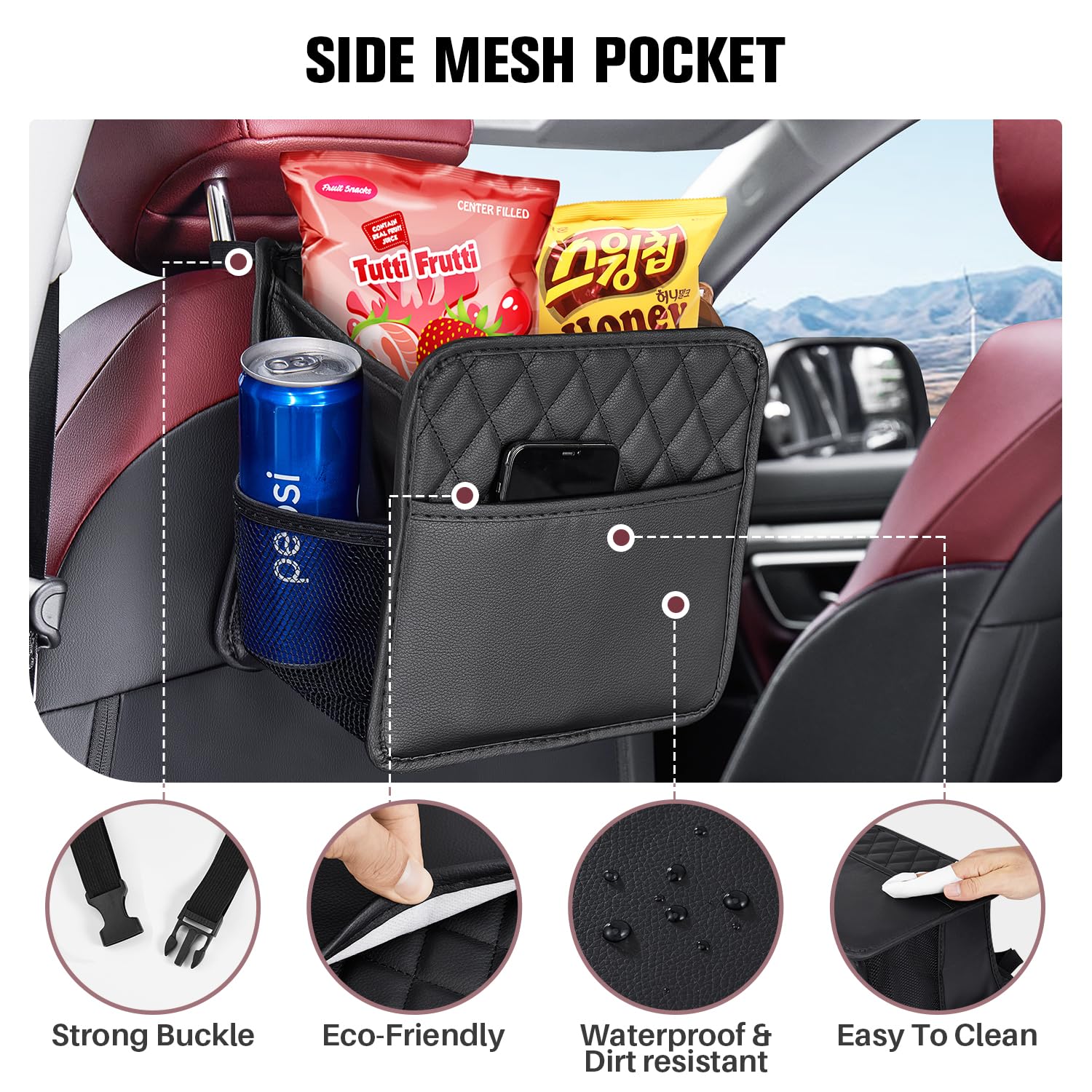 2 Pack Waterproof PU Leather Car Seat Organizer - Foldable Hanging Back Seat Storage Bag with Cup Holders for Kids & Adults | Universal Fit for Travel, Road Trips & Daily Commute