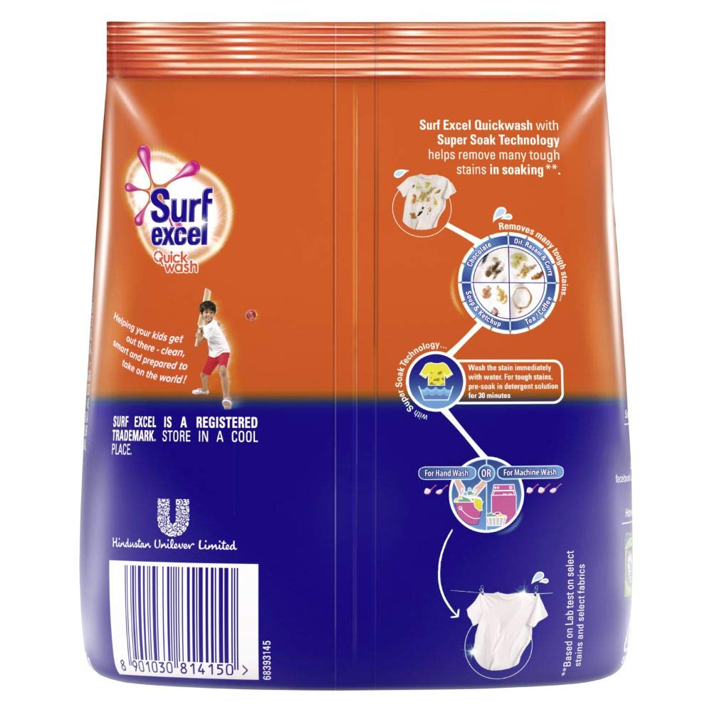 Surf Excel Quick Wash Detergent Powder with Lemon & Bleach - Powerful Stain Remover for Tough Stains (500g) - Ideal for Laundry, Clothes, and Fabric Care