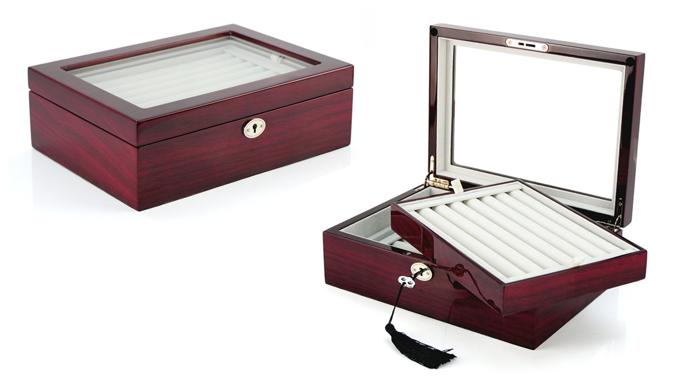 Luxury Mahogany Double-Decker Jewelry Cufflinks Collector's Storage Box - Elegant Presentation Case for Men's Accessories | Perfect Gift for Weddings, Anniversaries & Formal Events