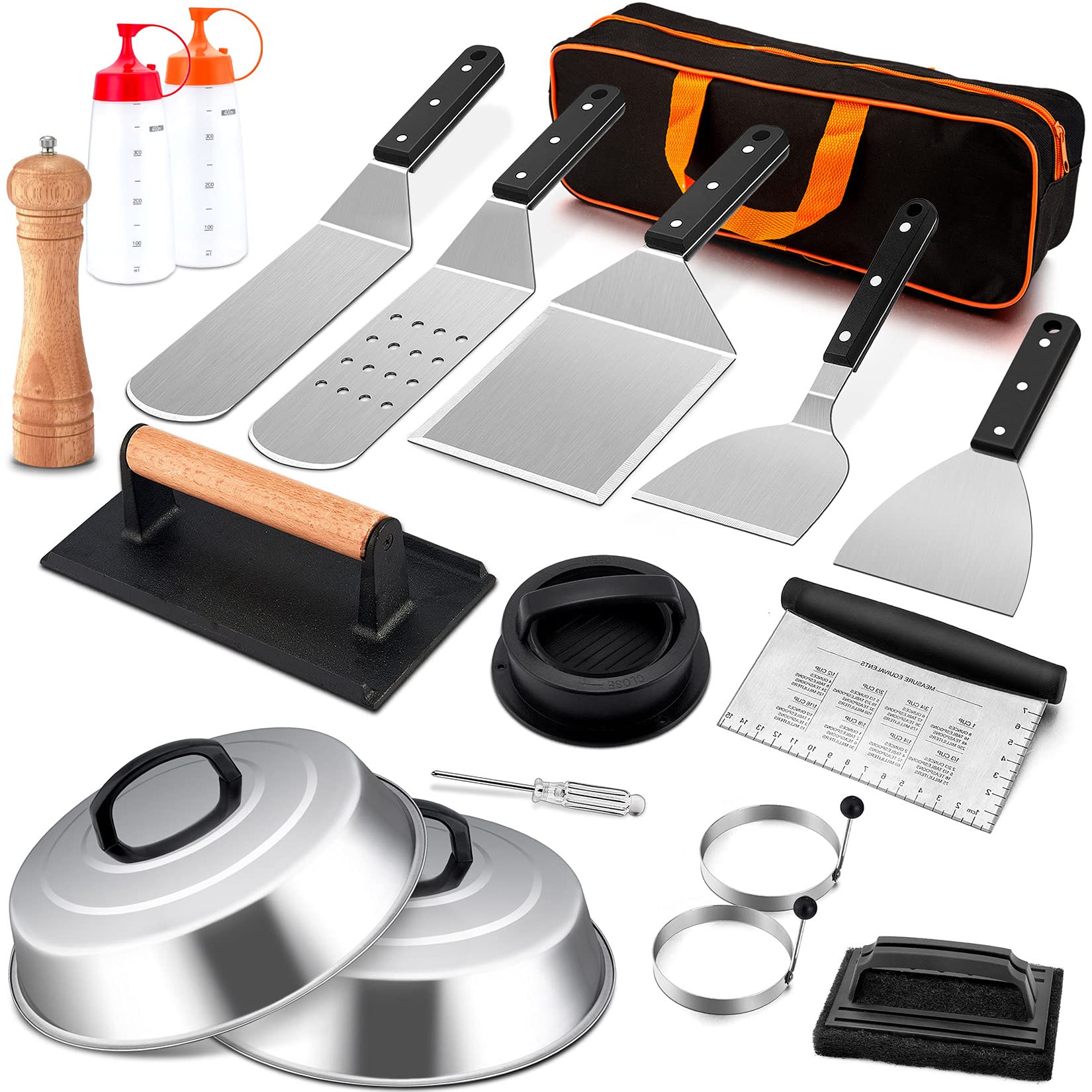 18-Piece Stainless Steel Griddle Accessories Kit with Spatulas, Basting Cover & Burger Press - Joyfair BBQ Tools Set for Outdoor Cooking, Teppanyaki & Hibachi (ABS Handles) - Perfect for Backyard Grilling, Camping & Restaurant Use