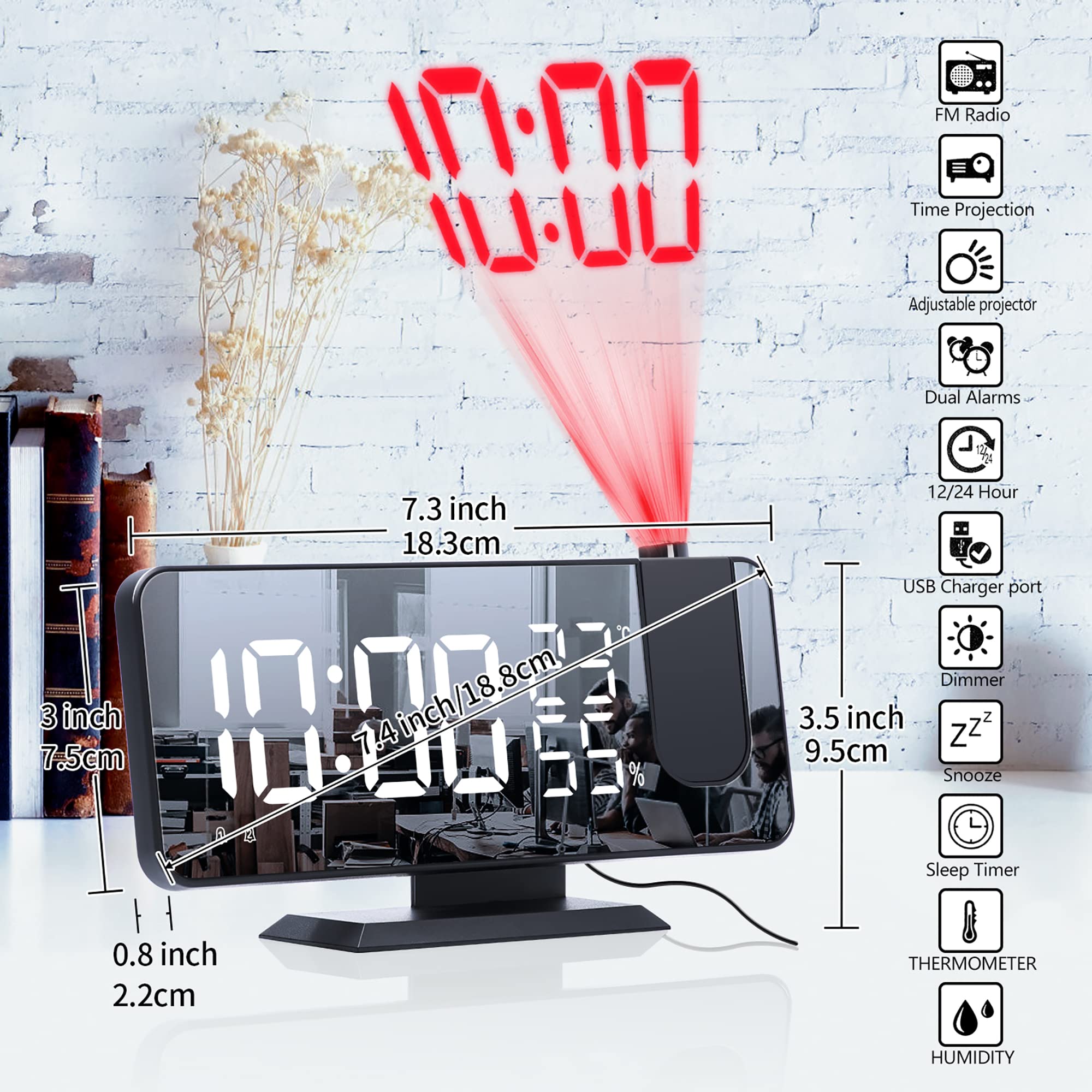 LITEYPP Alarm Clock Radio with 180° Ceiling Projection, Digital Mirror Clock with 7