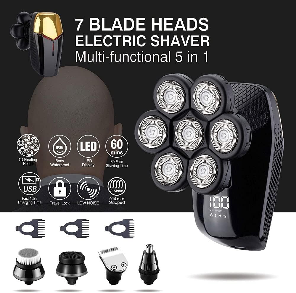 7D Electric Razor for Men - 7 Cutter Head Cordless Waterproof Shaver for Bald Head & Facial Hair, Multifunctional Grooming Kit | Perfect for Travel, Home & Gym Use