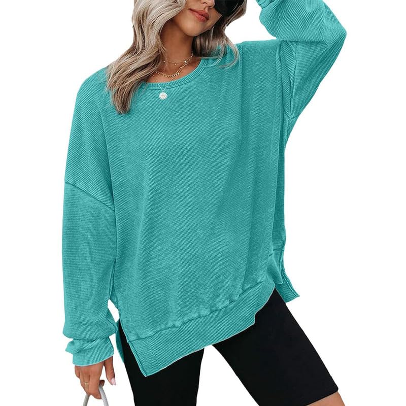 Women's Oversized Waffle Knit Sweatshirt - Split Hem Long Sleeve Crewneck Pullover | Casual Loose Fit Top for Fall, Winter & Layering